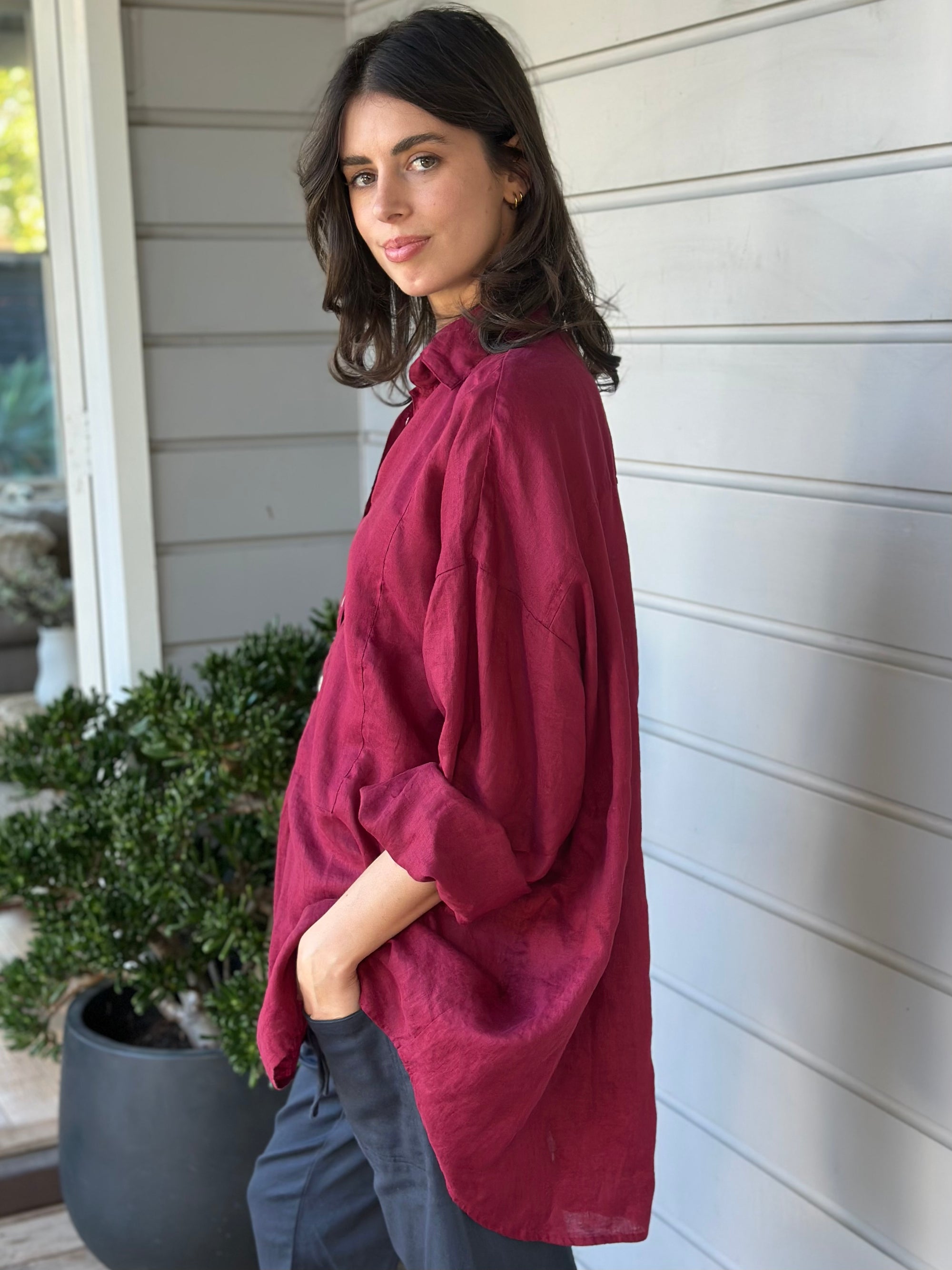megan shirt - merlot linen Apparel