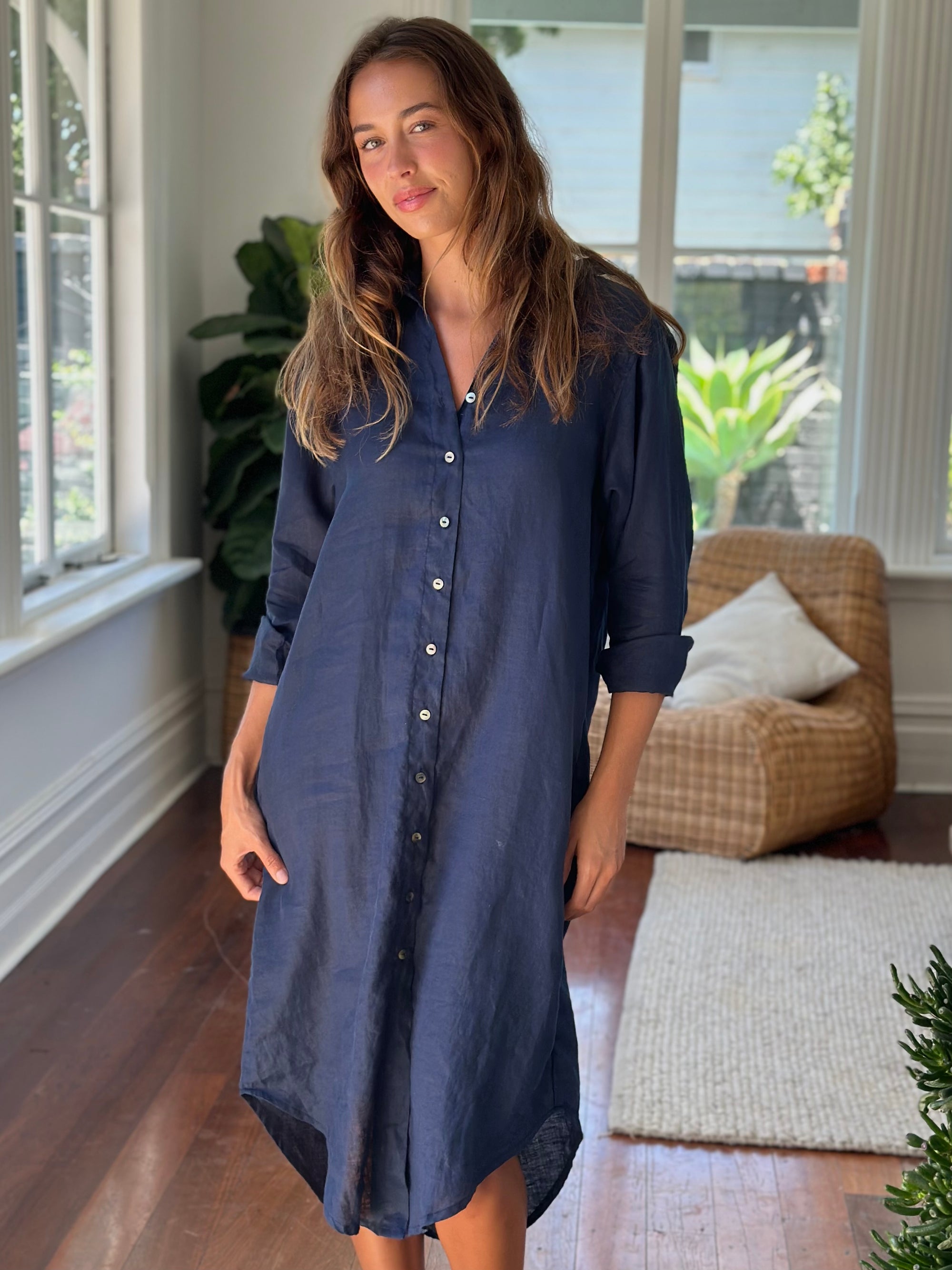elena shirtdress - navy linen Apparel