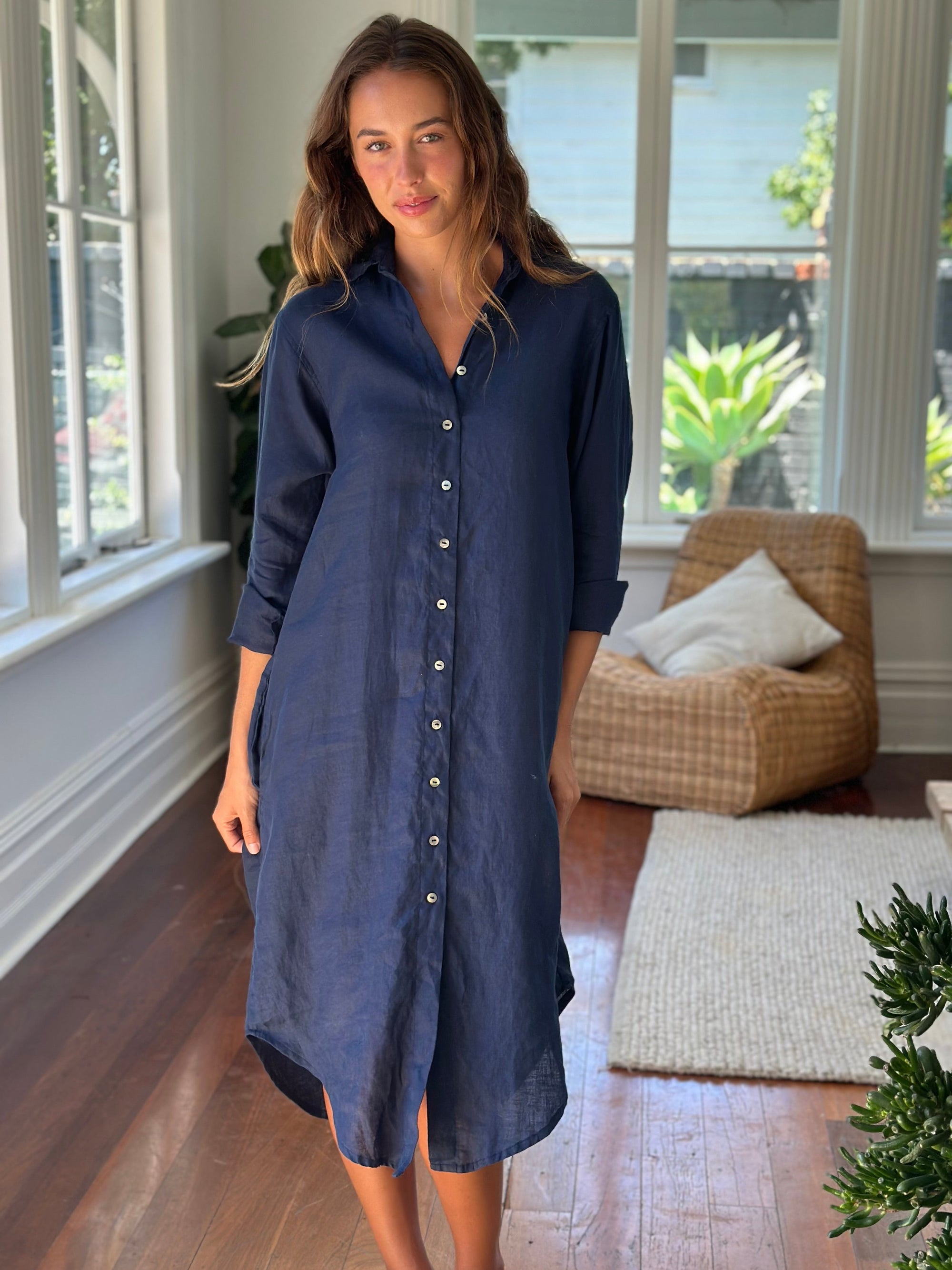 elena shirtdress - navy linen Apparel