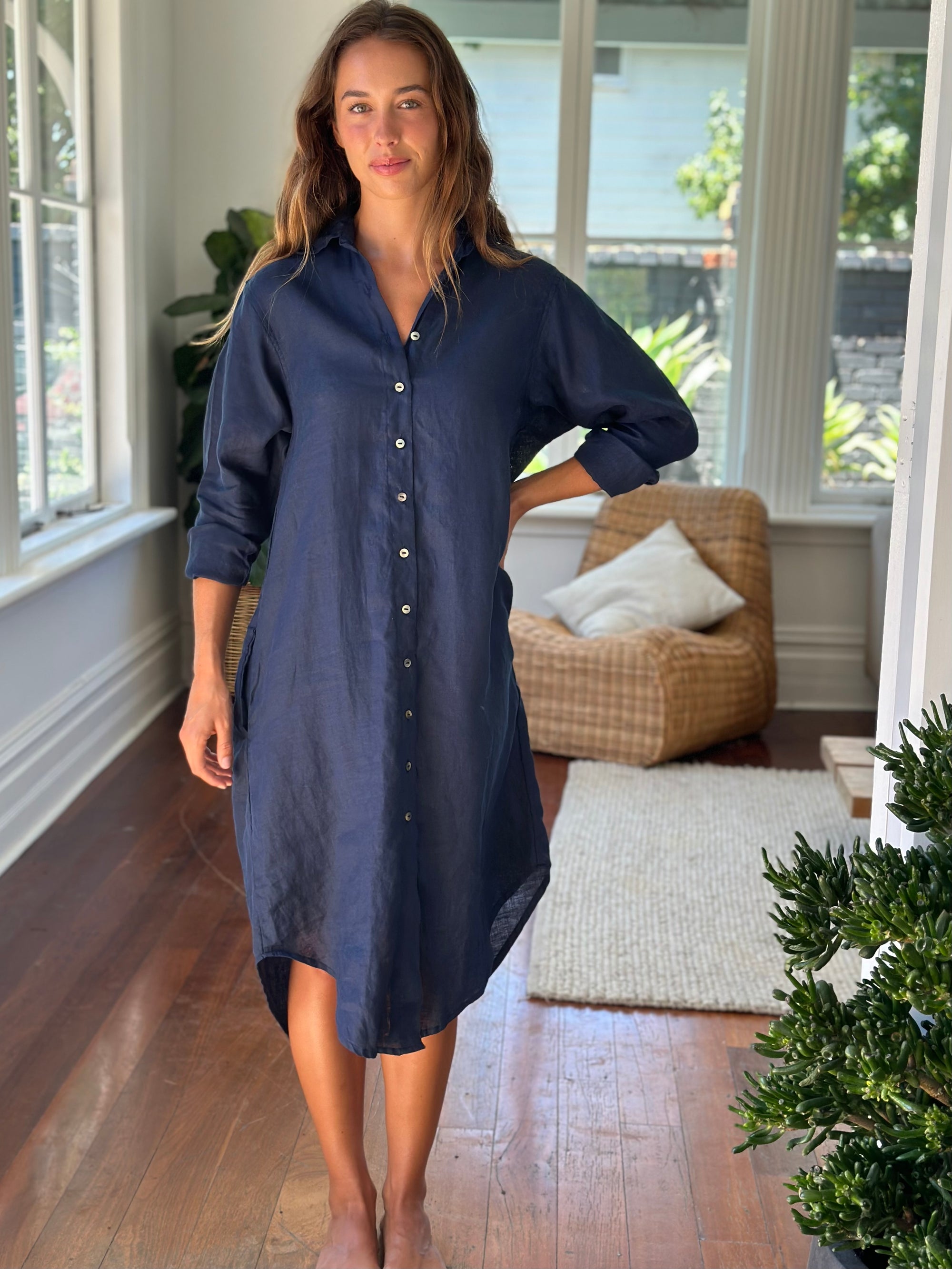elena shirtdress - navy linen Apparel