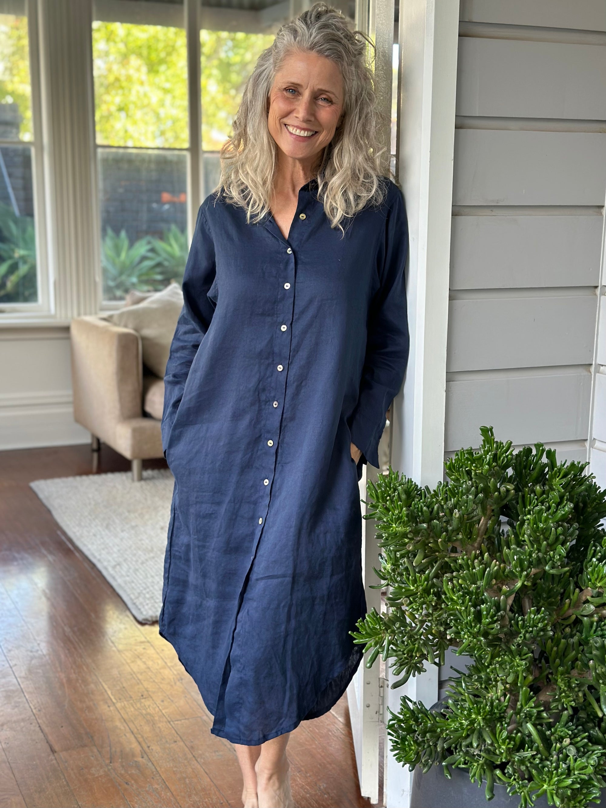 elena shirtdress - navy linen Apparel