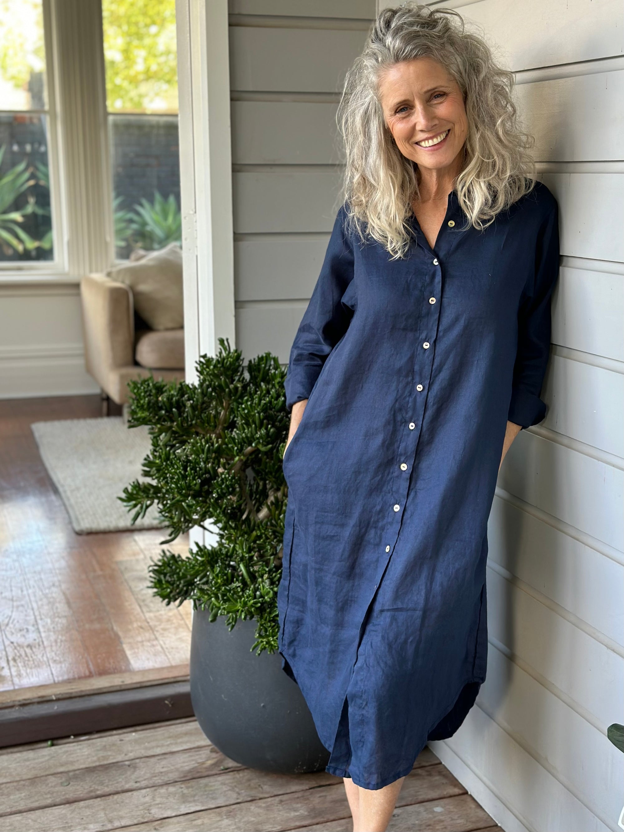 elena shirtdress - navy linen Apparel