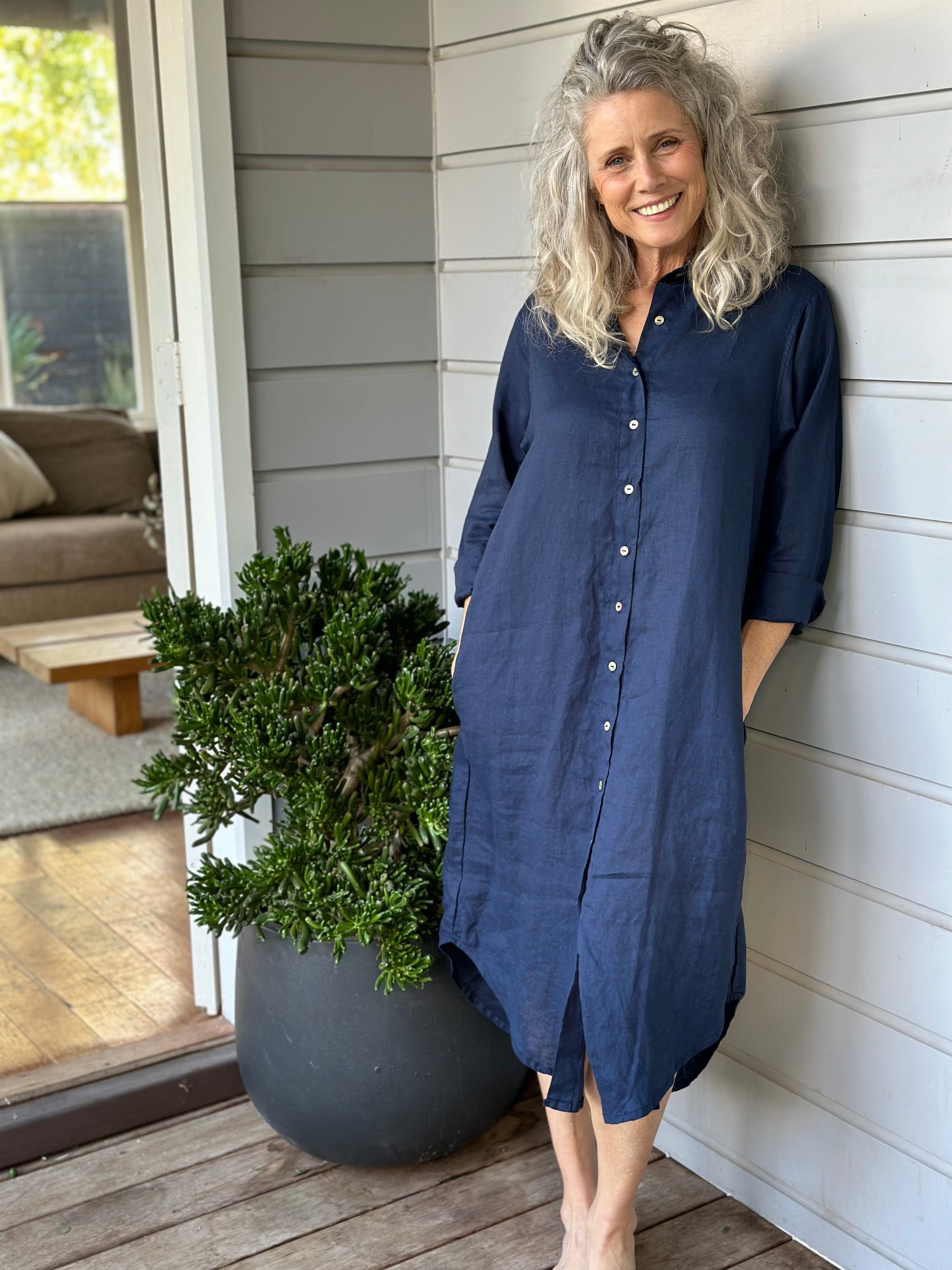 elena shirtdress - navy linen Apparel