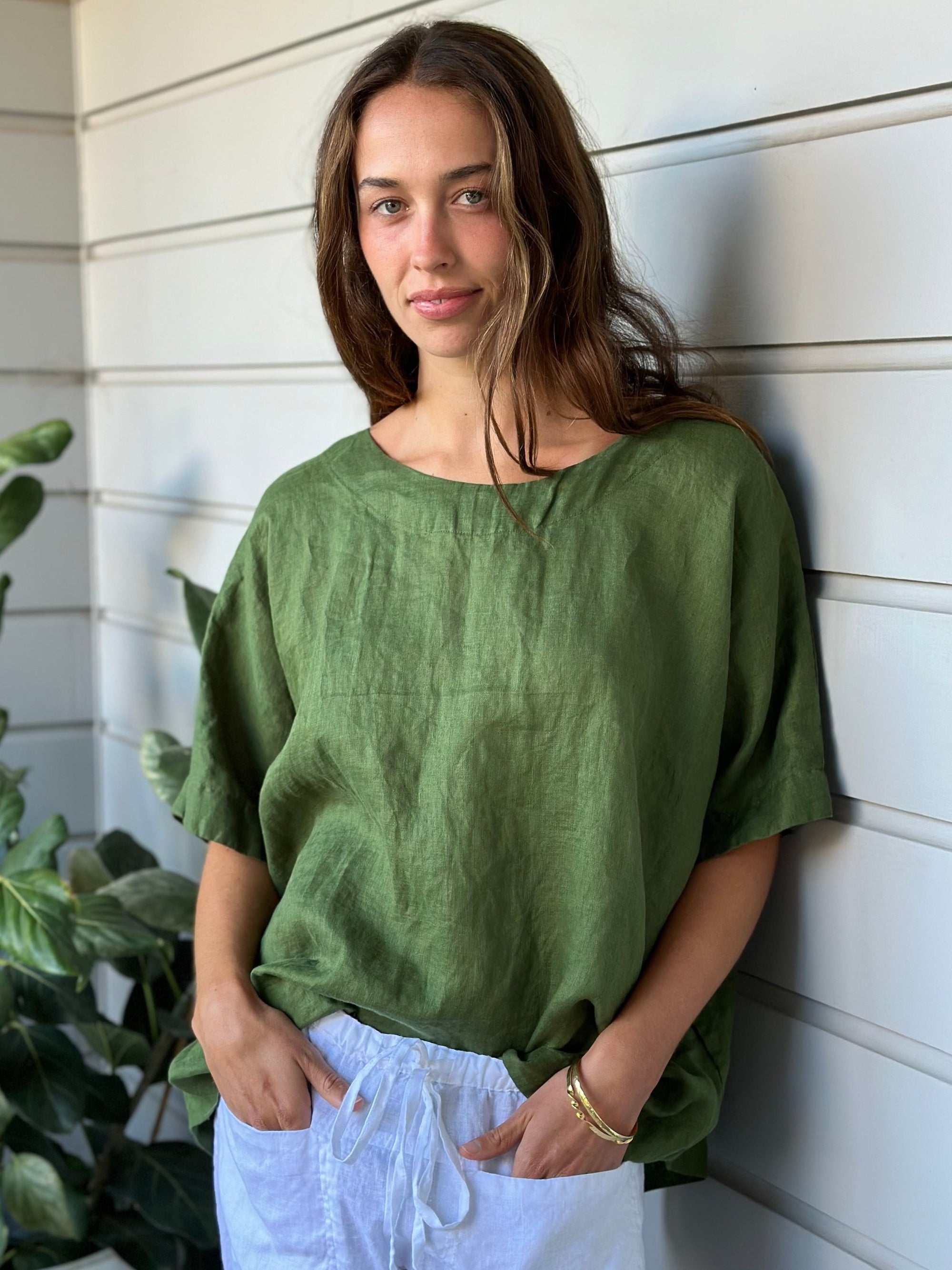 mia top - moss linen Apparel