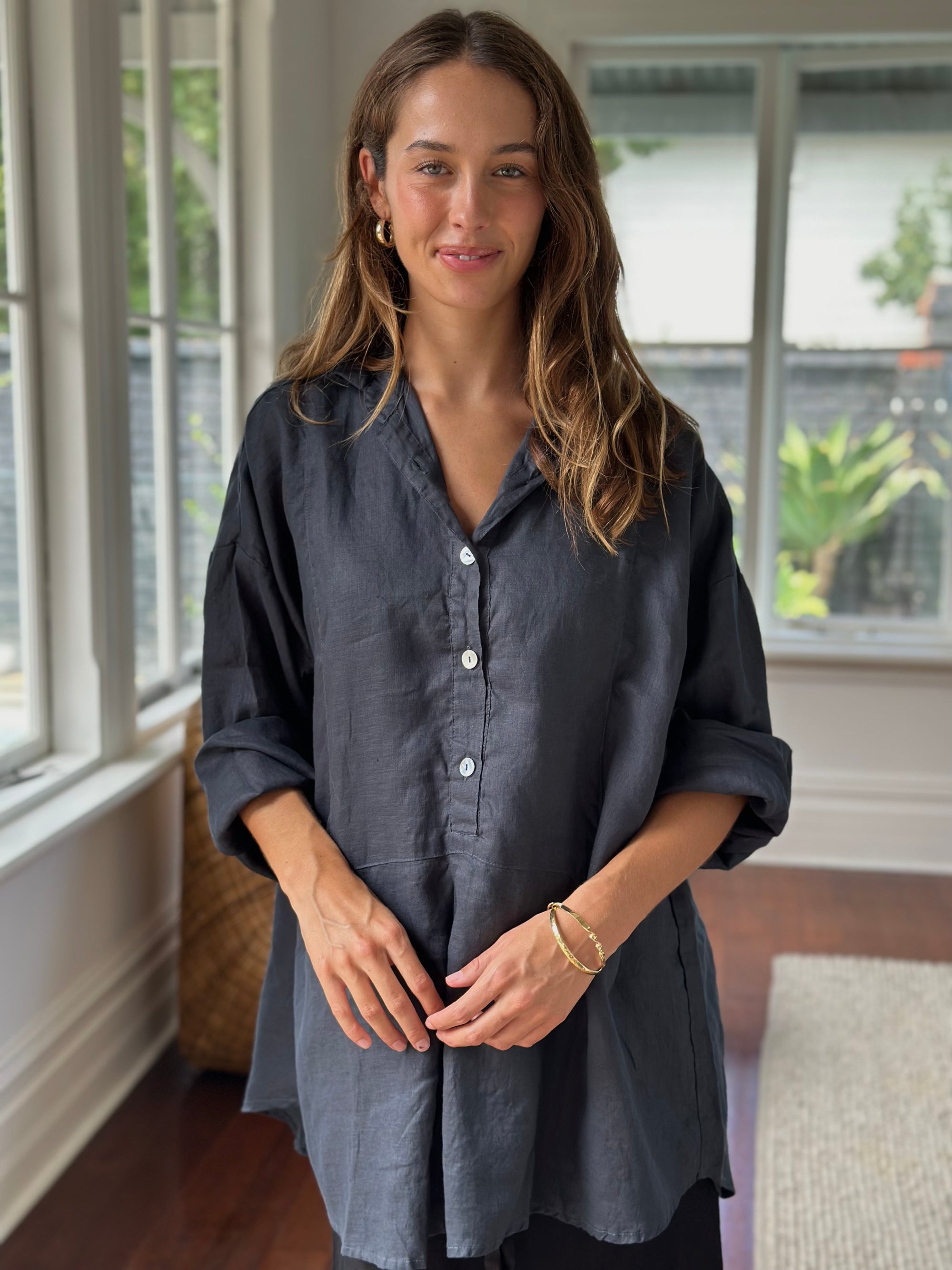 megan shirt-charcoal linen Apparel