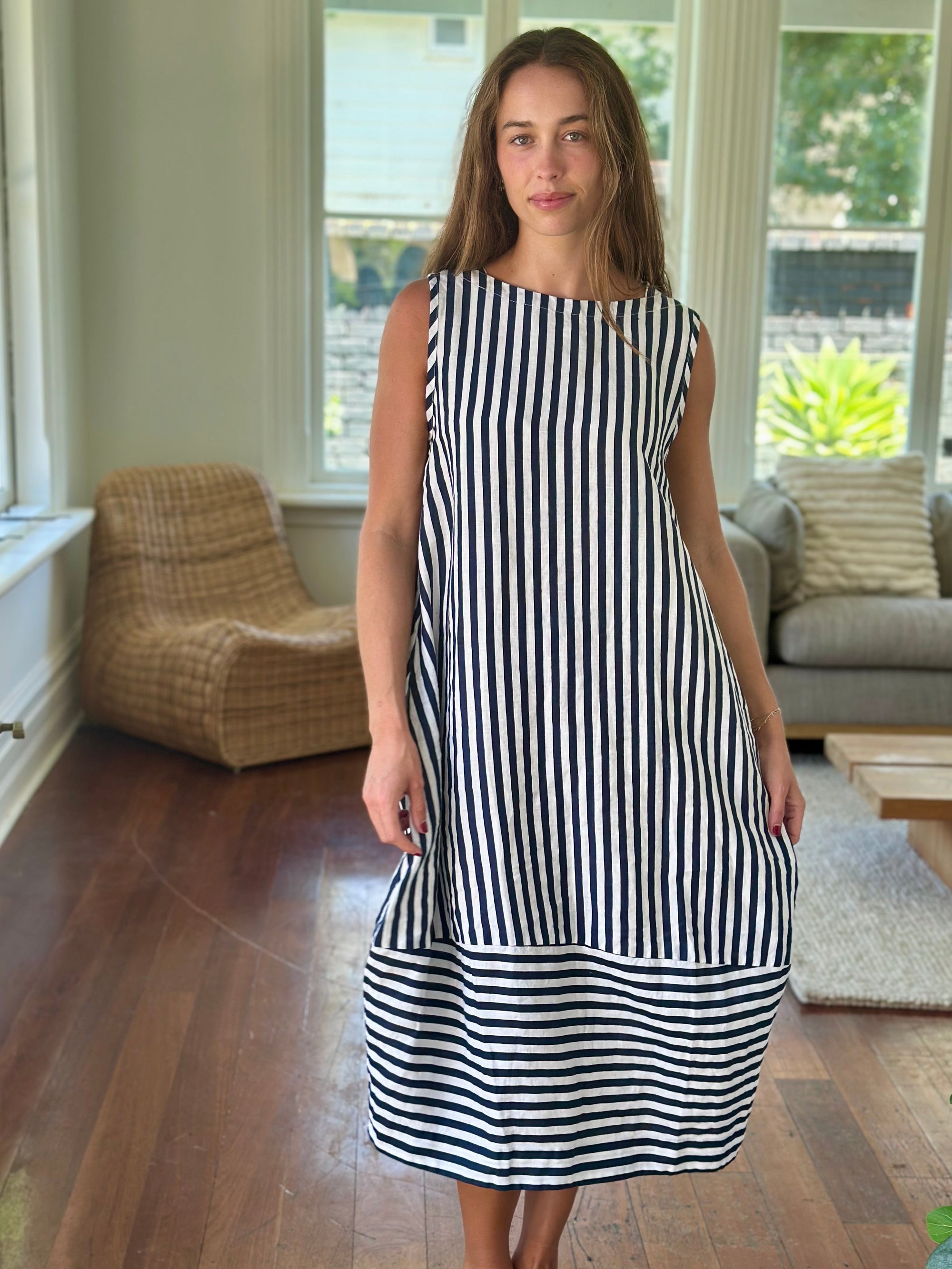 adele dress - small navy stripe linen Apparel