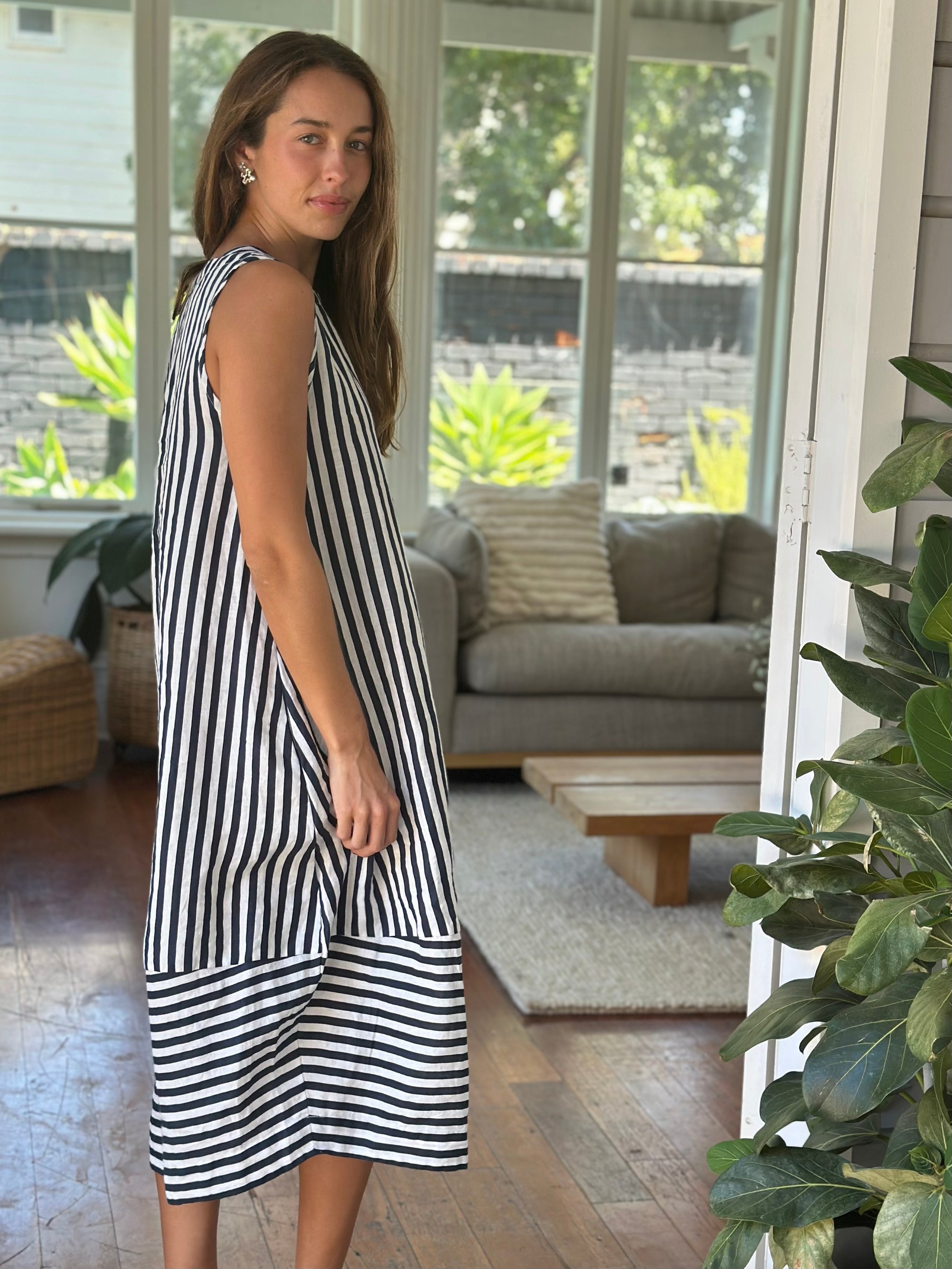 adele dress - small navy stripe linen Apparel