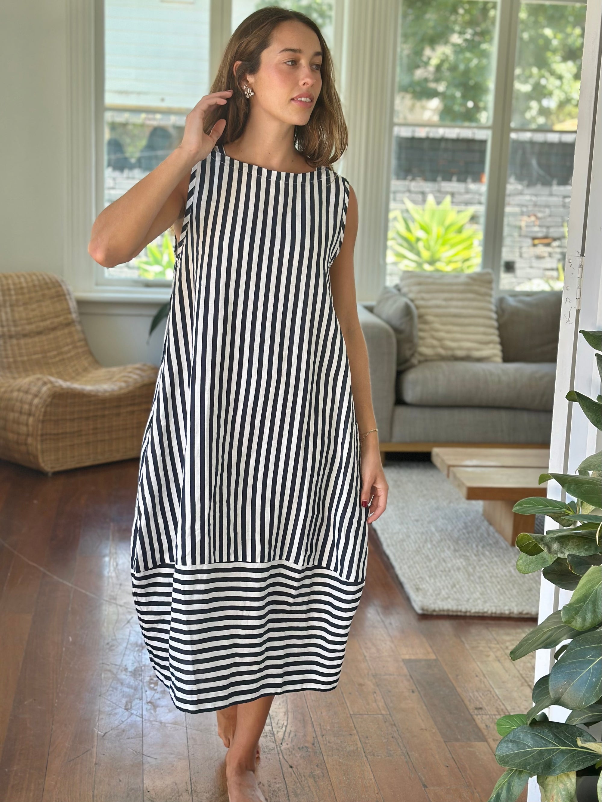 adele dress - small navy stripe linen Apparel