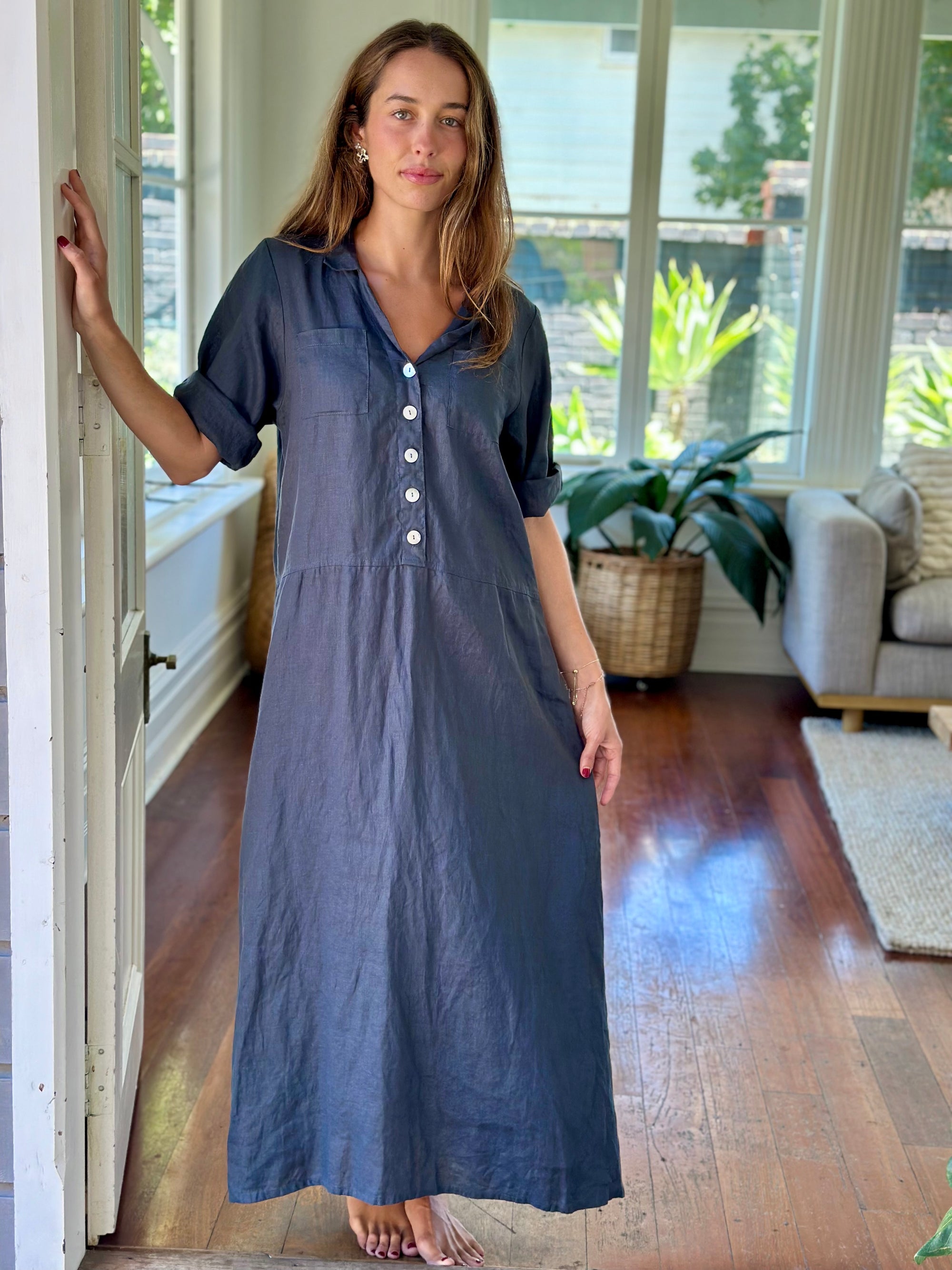 bridget dress-charcoal linen Apparel