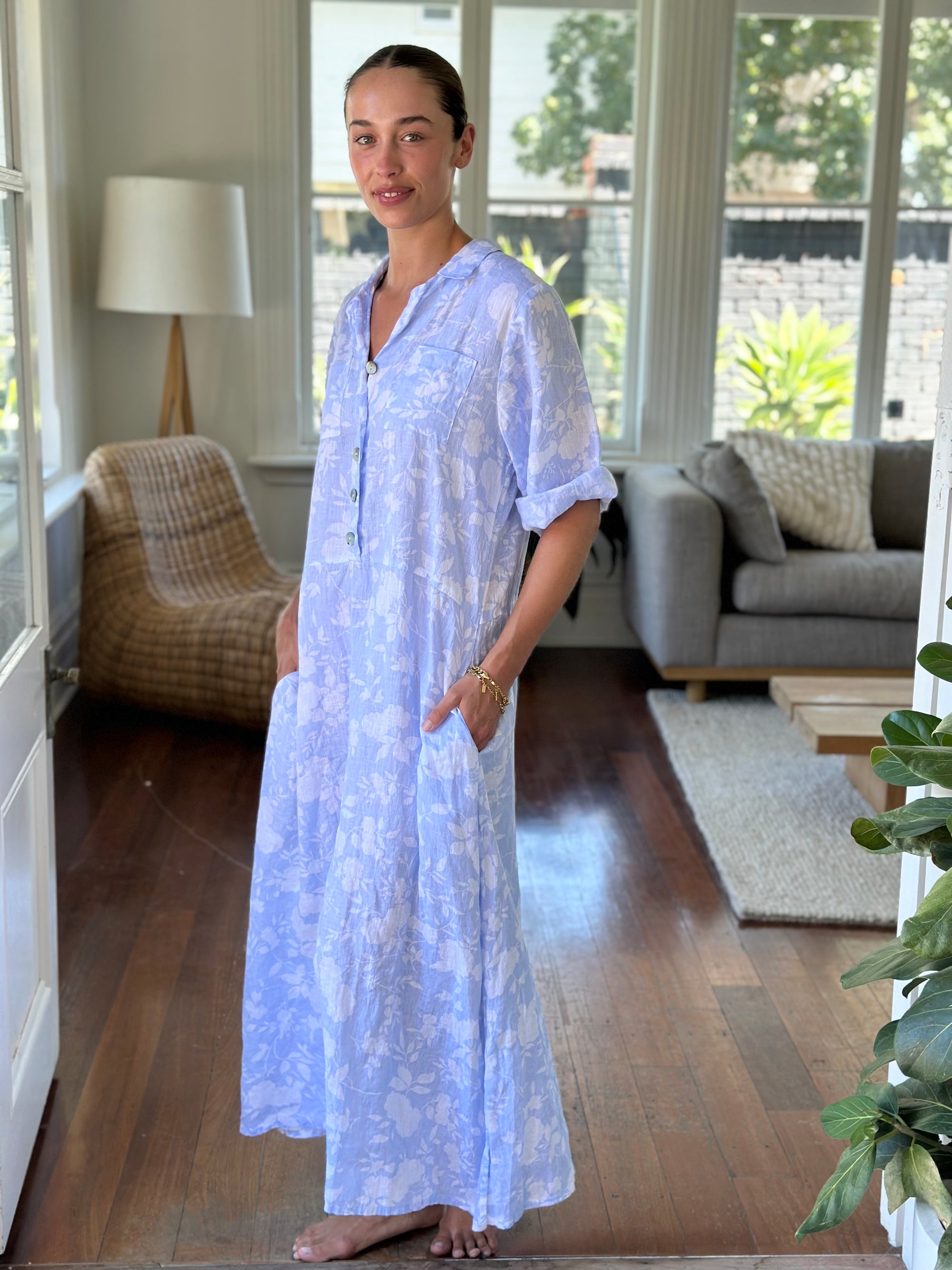 bridget dress - soft blue/white big flower linen Apparel