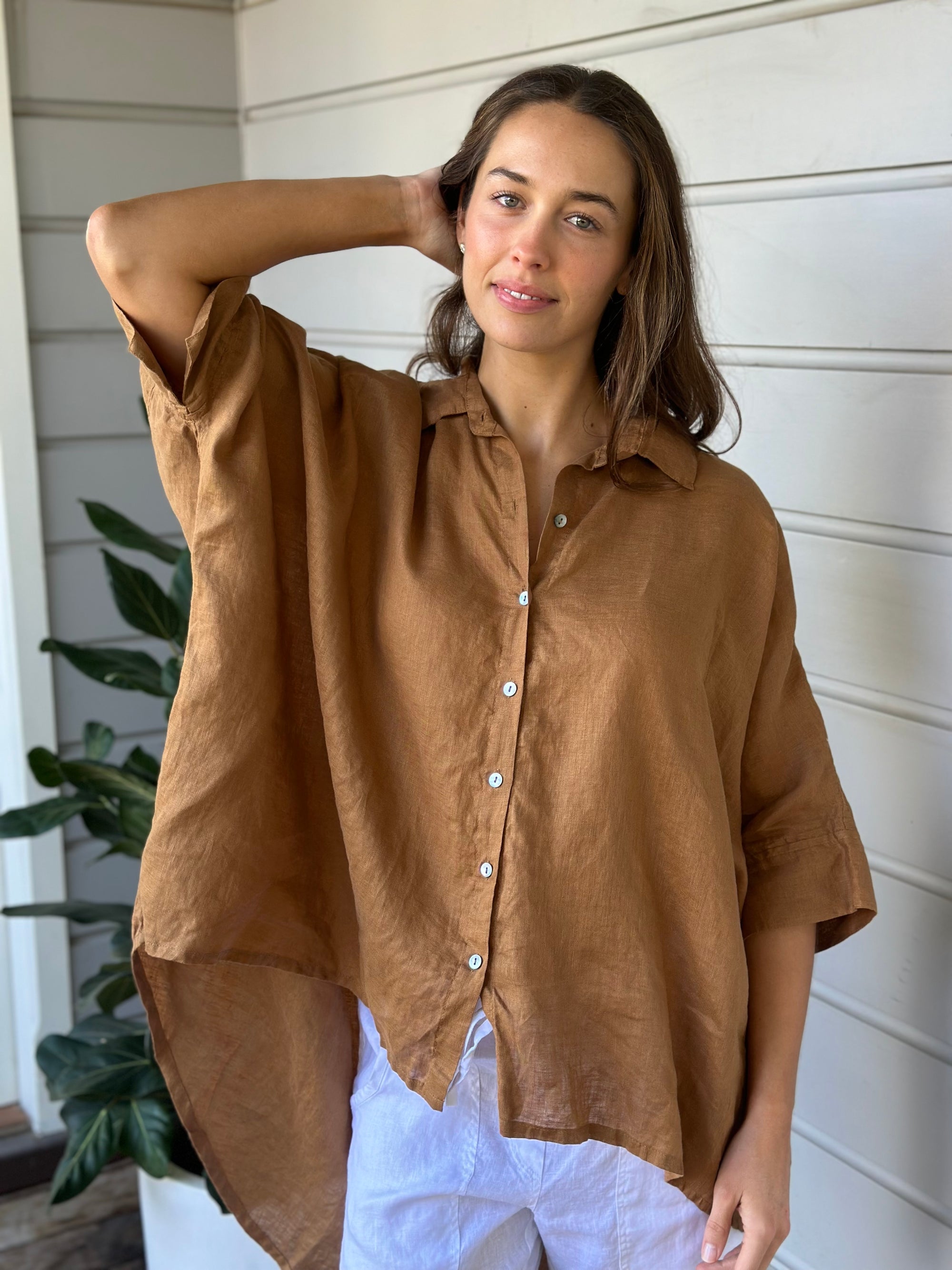 issey shirt - caramel linen Apparel