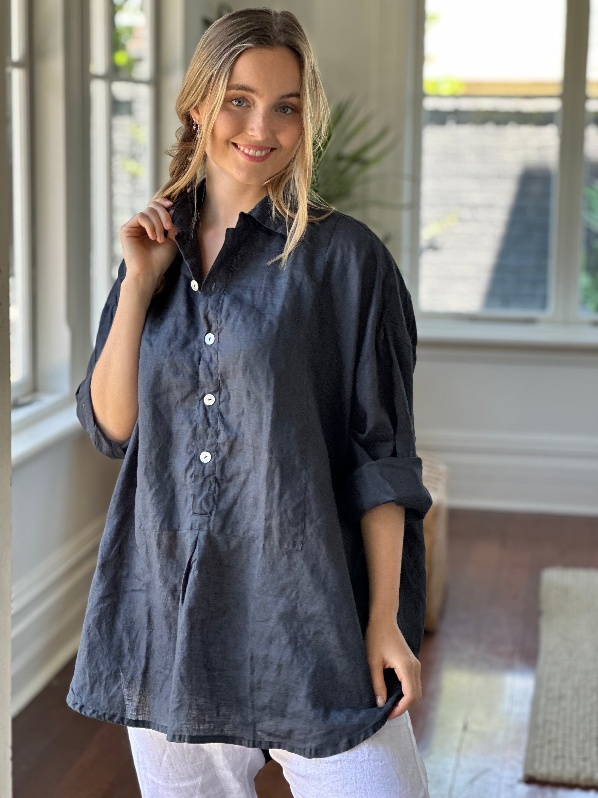 megan shirt-charcoal linen Apparel