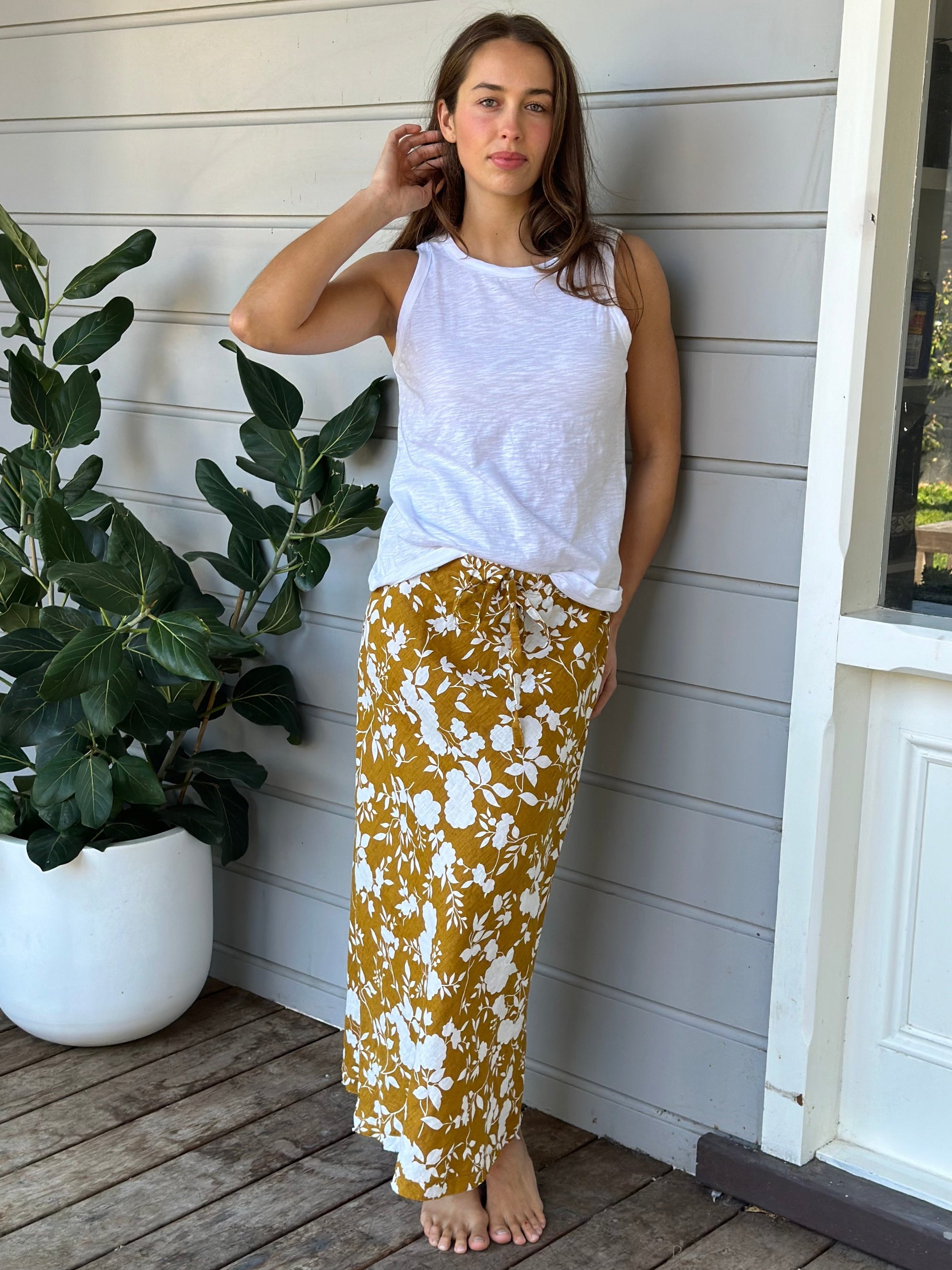 anthea skirt - big turmeric flower linen Apparel