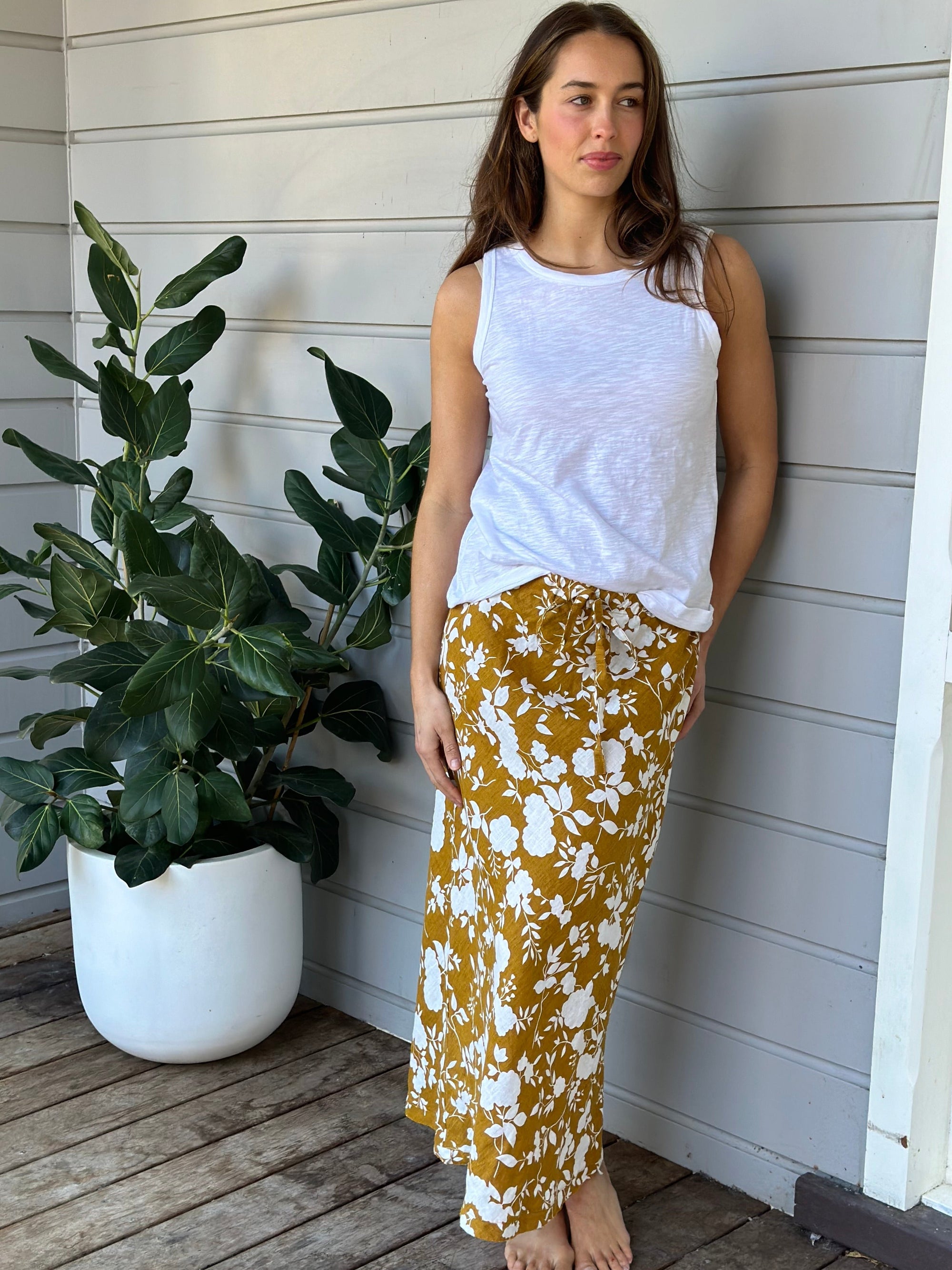 anthea skirt - big turmeric flower linen Apparel