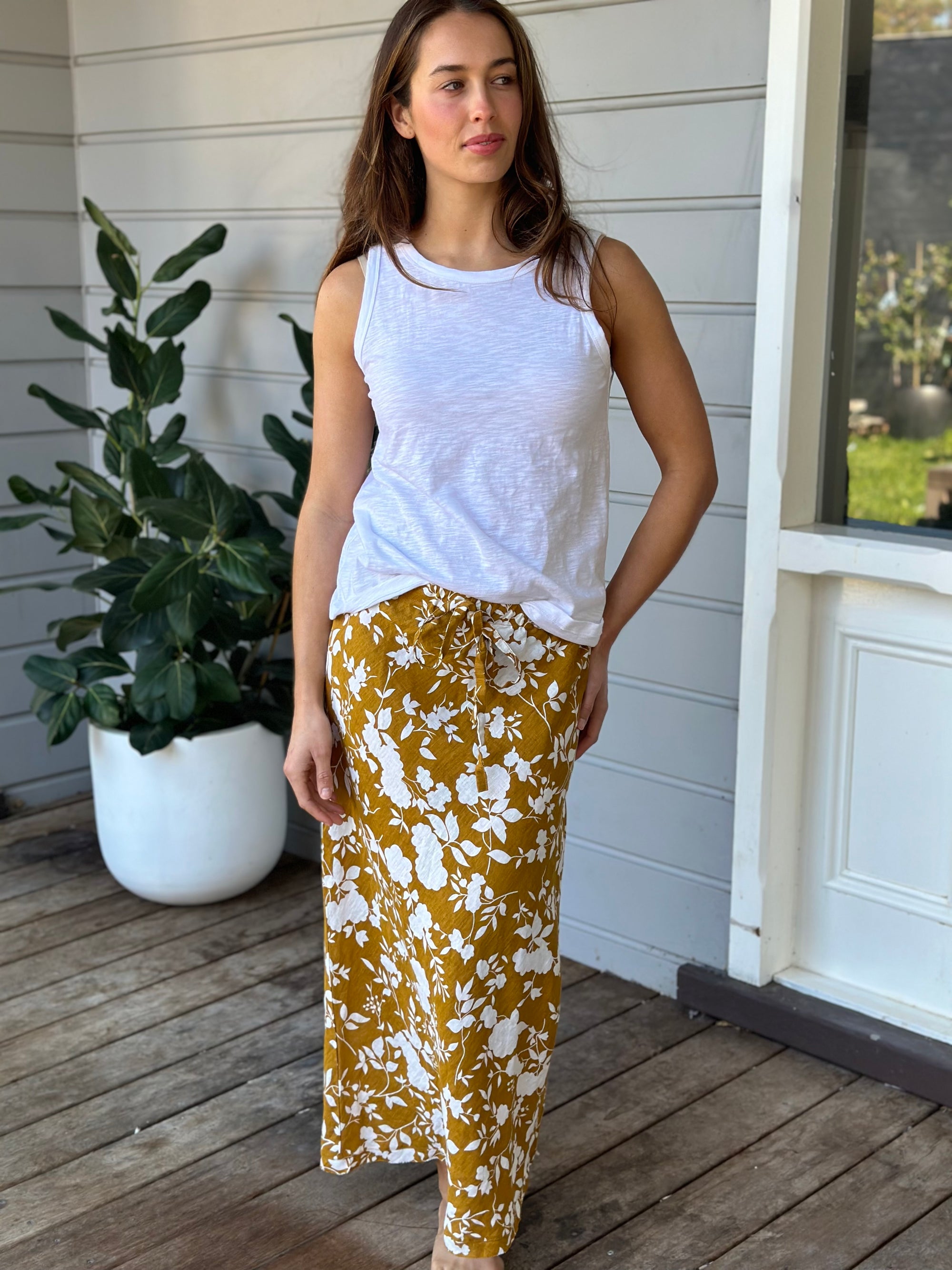 anthea skirt - big turmeric flower linen Apparel
