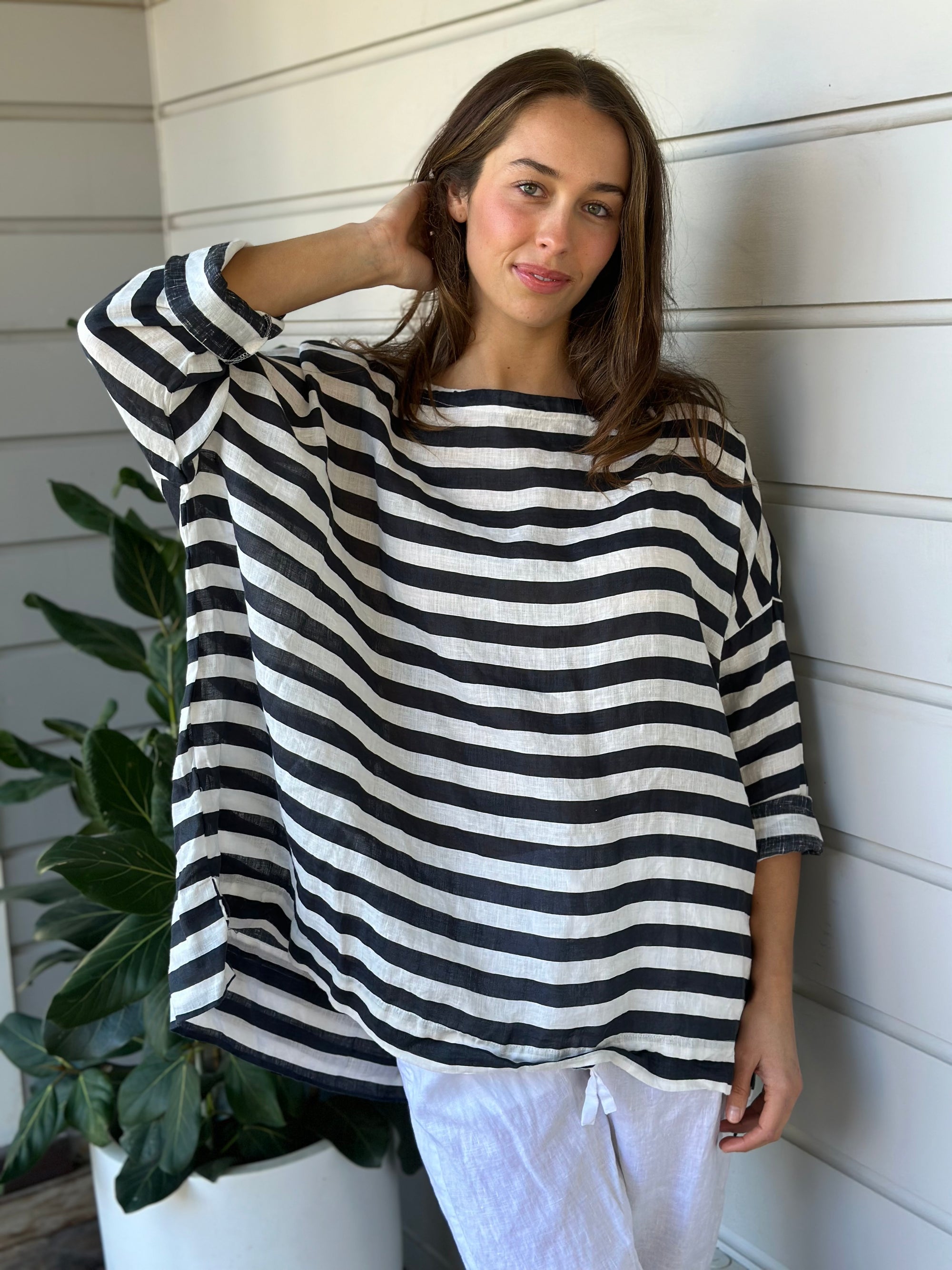 avril top - charcoal stripe linen Apparel