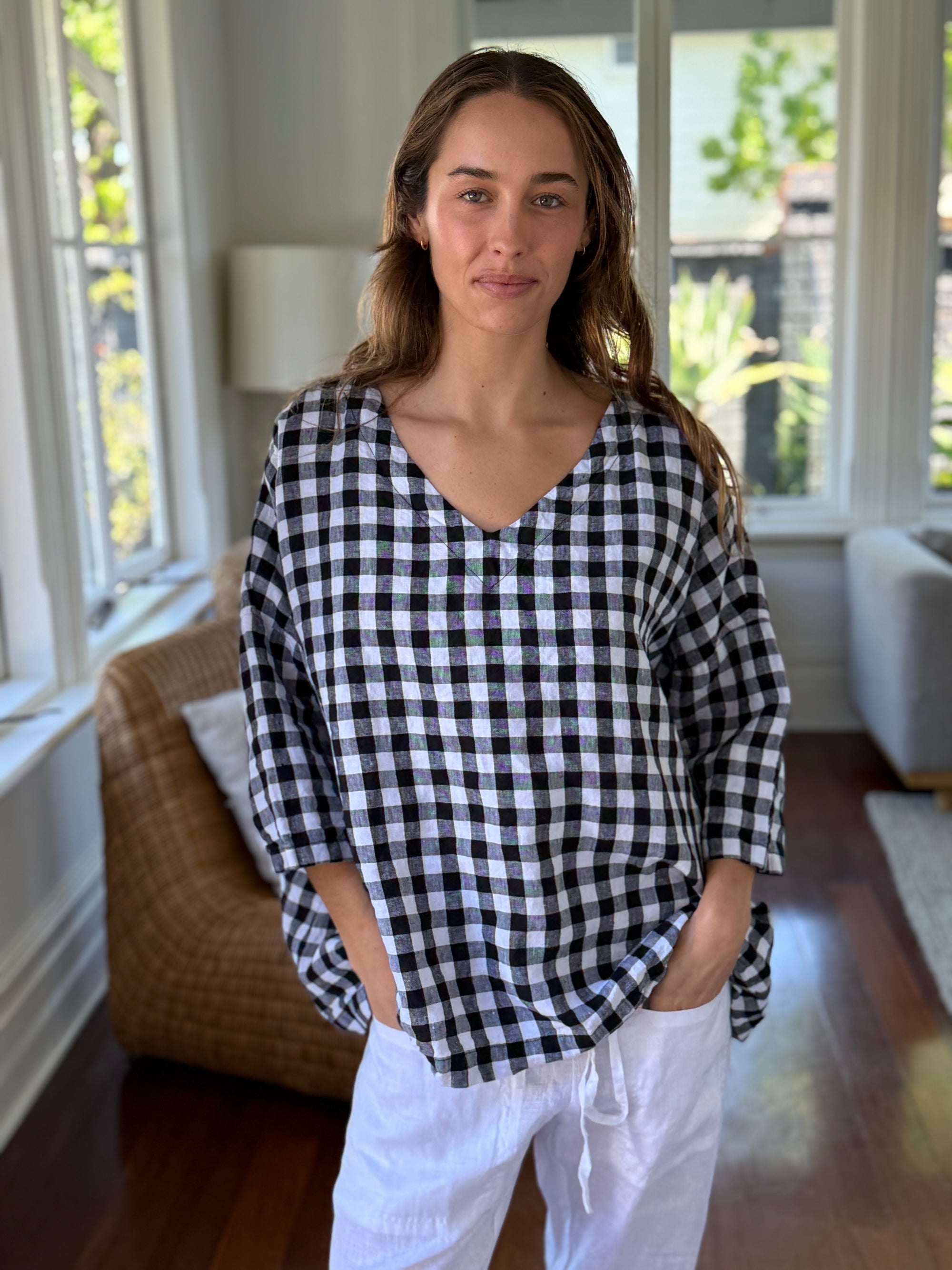 lydia top - black check linen