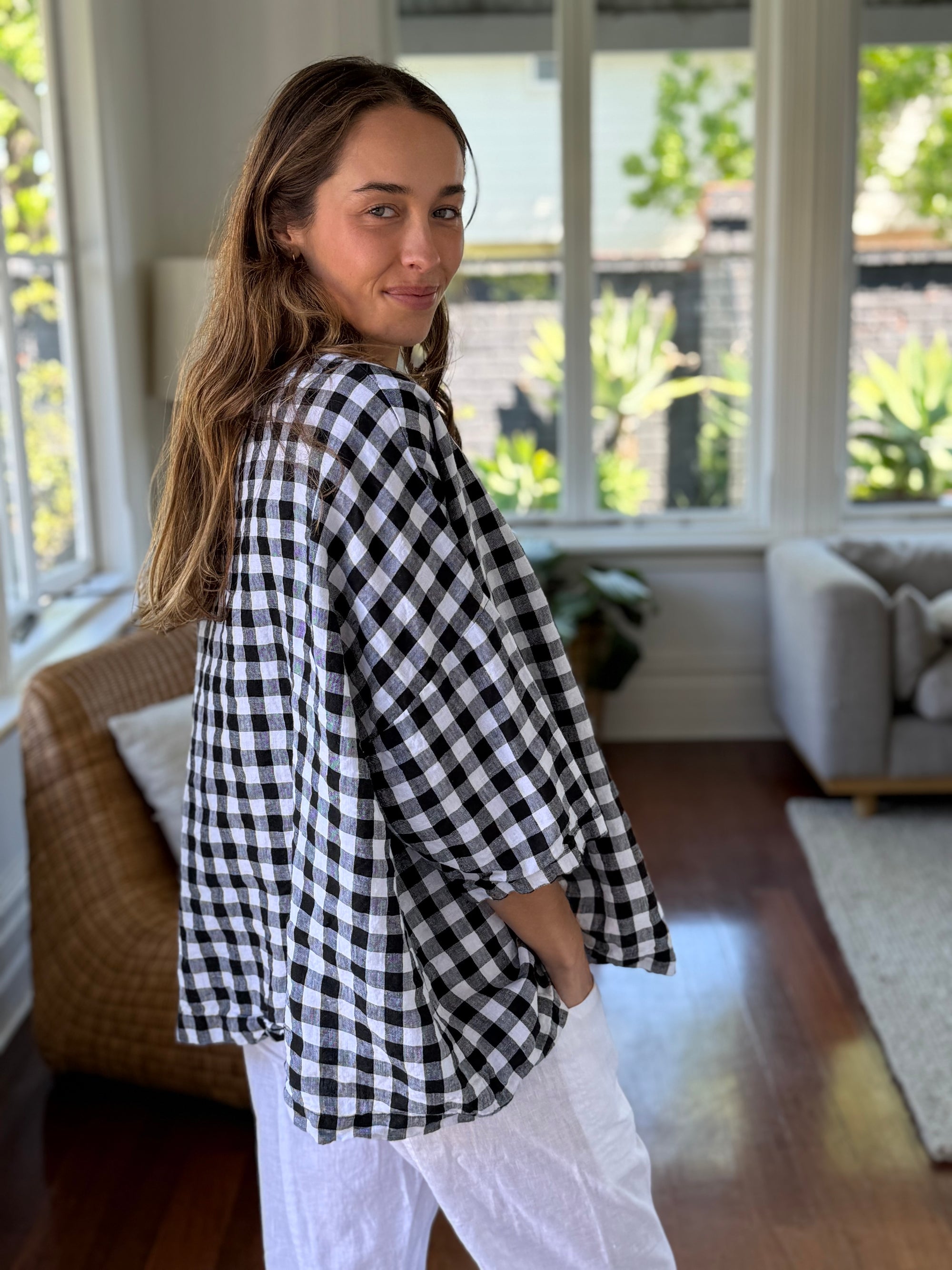 lydia top - black check linen