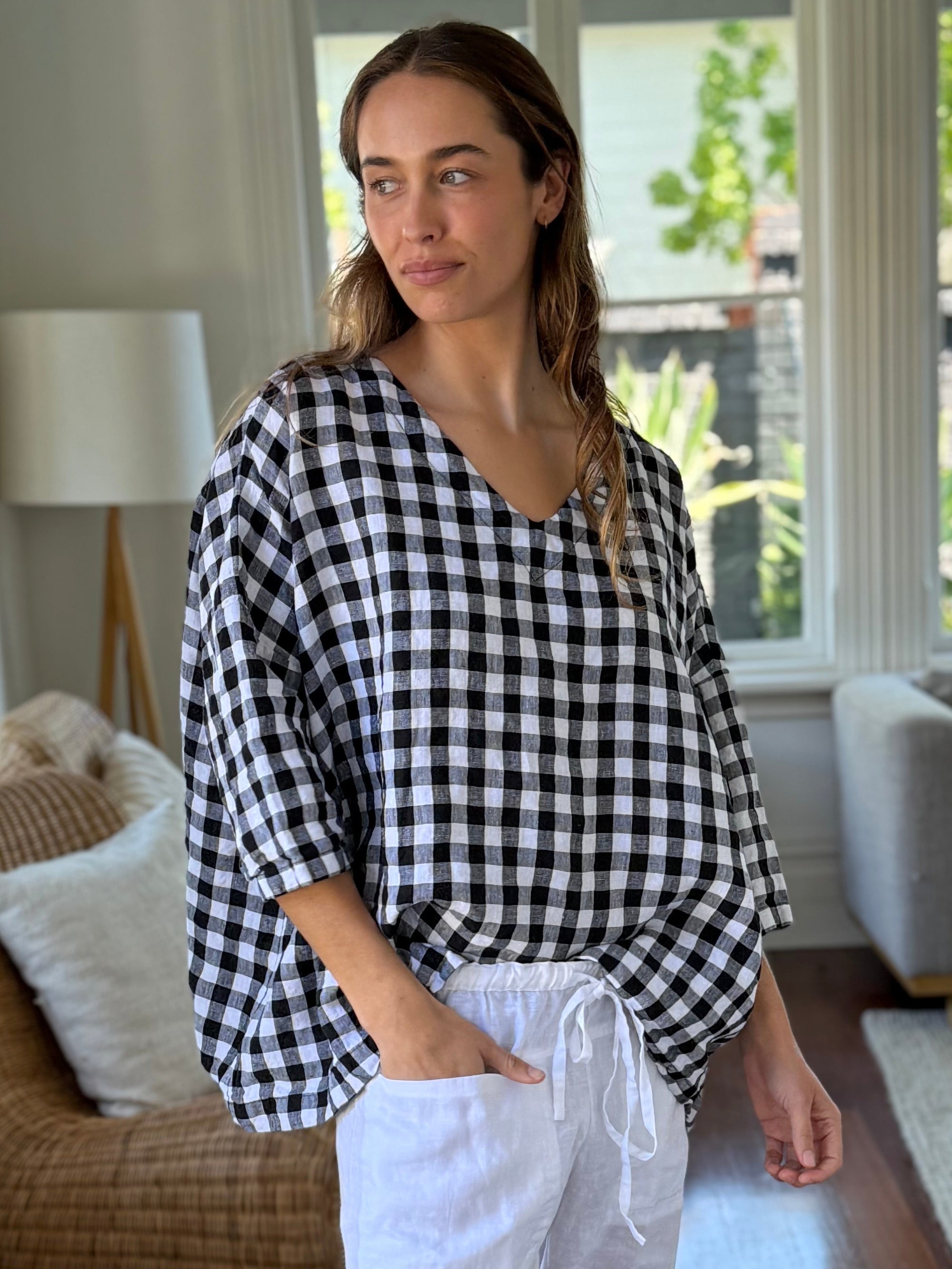 lydia top - black check linen