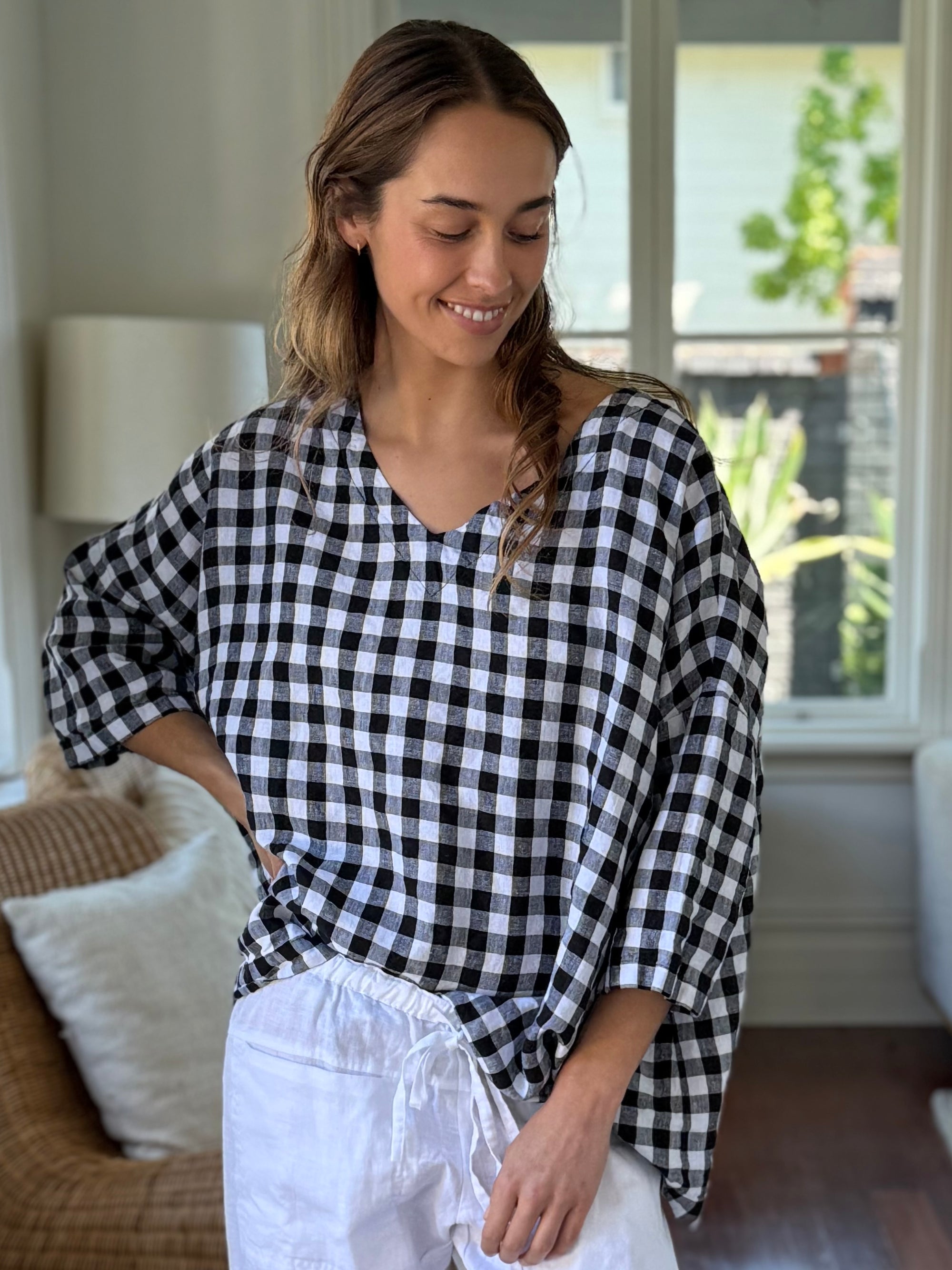 lydia top - black check linen