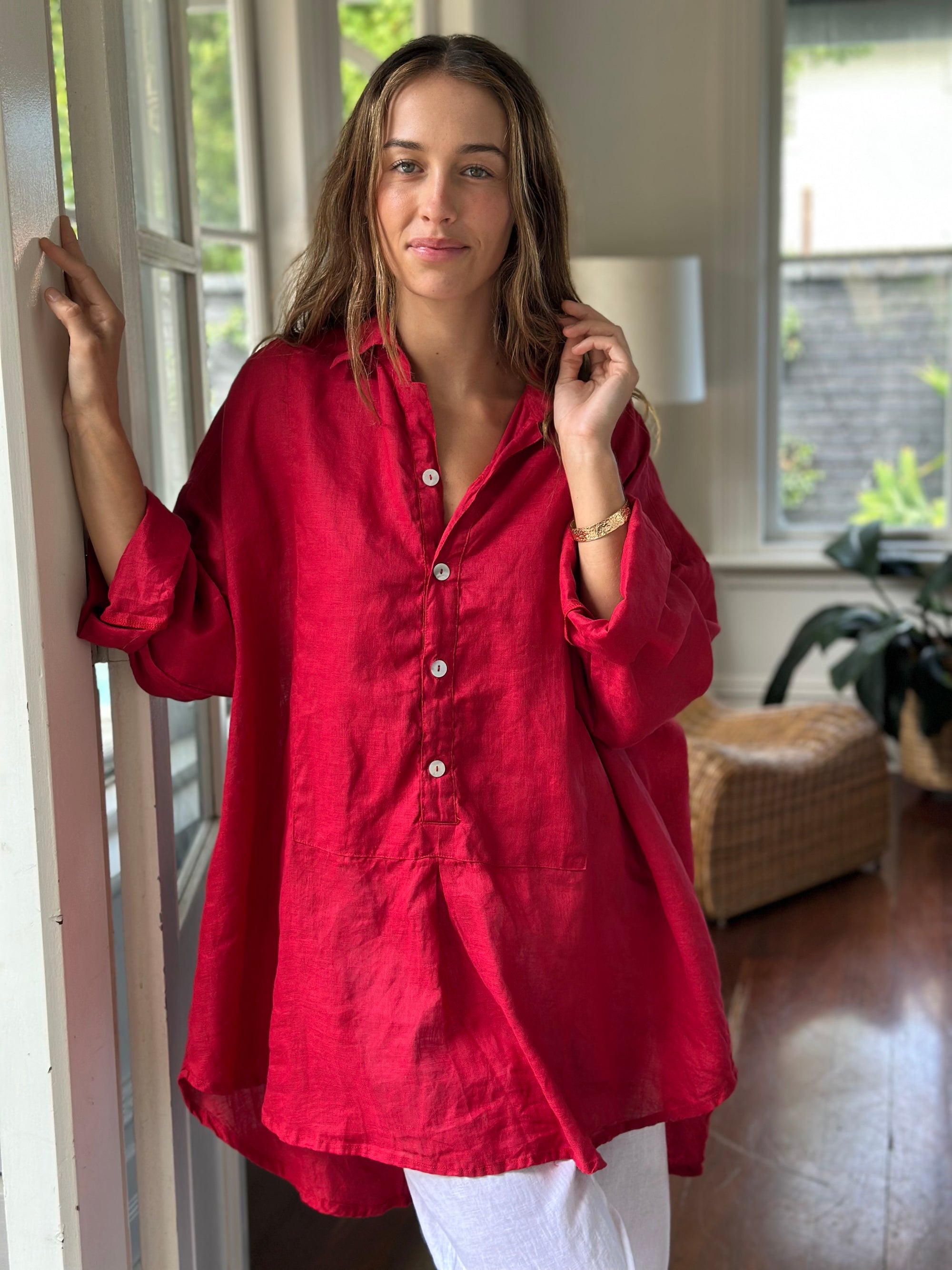 megan shirt - red linen Apparel