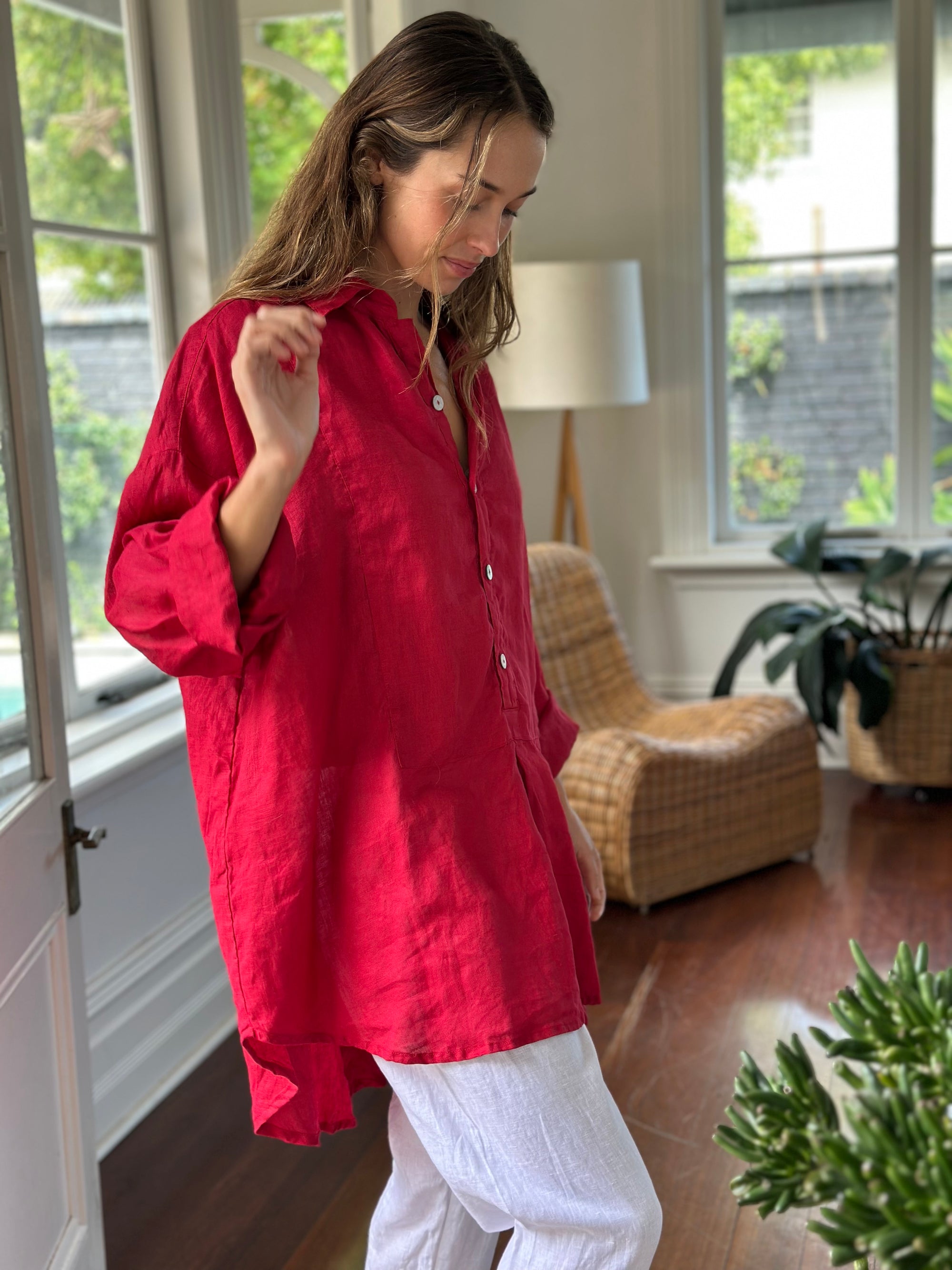 megan shirt - red linen Apparel