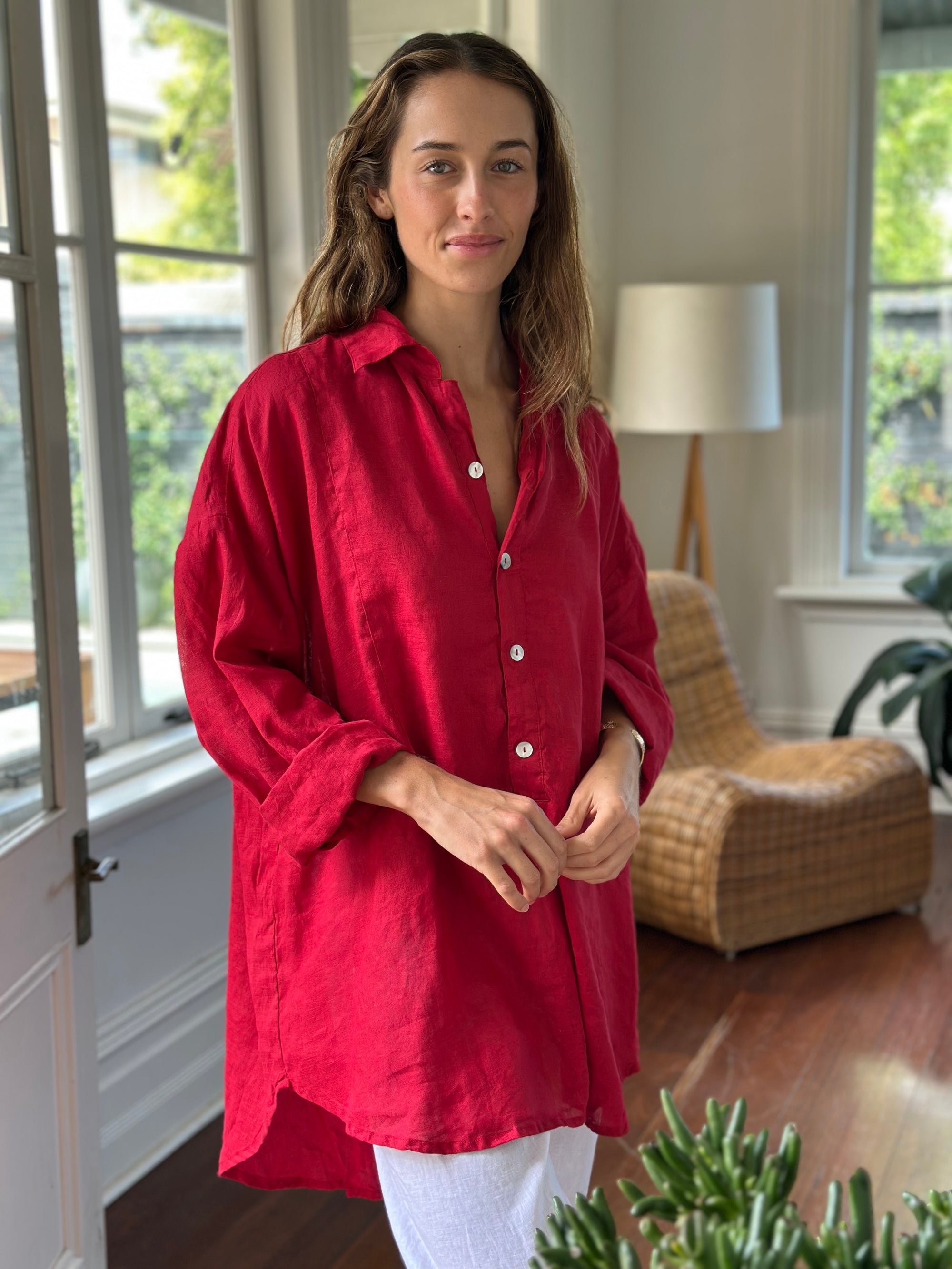 megan shirt - red linen Apparel