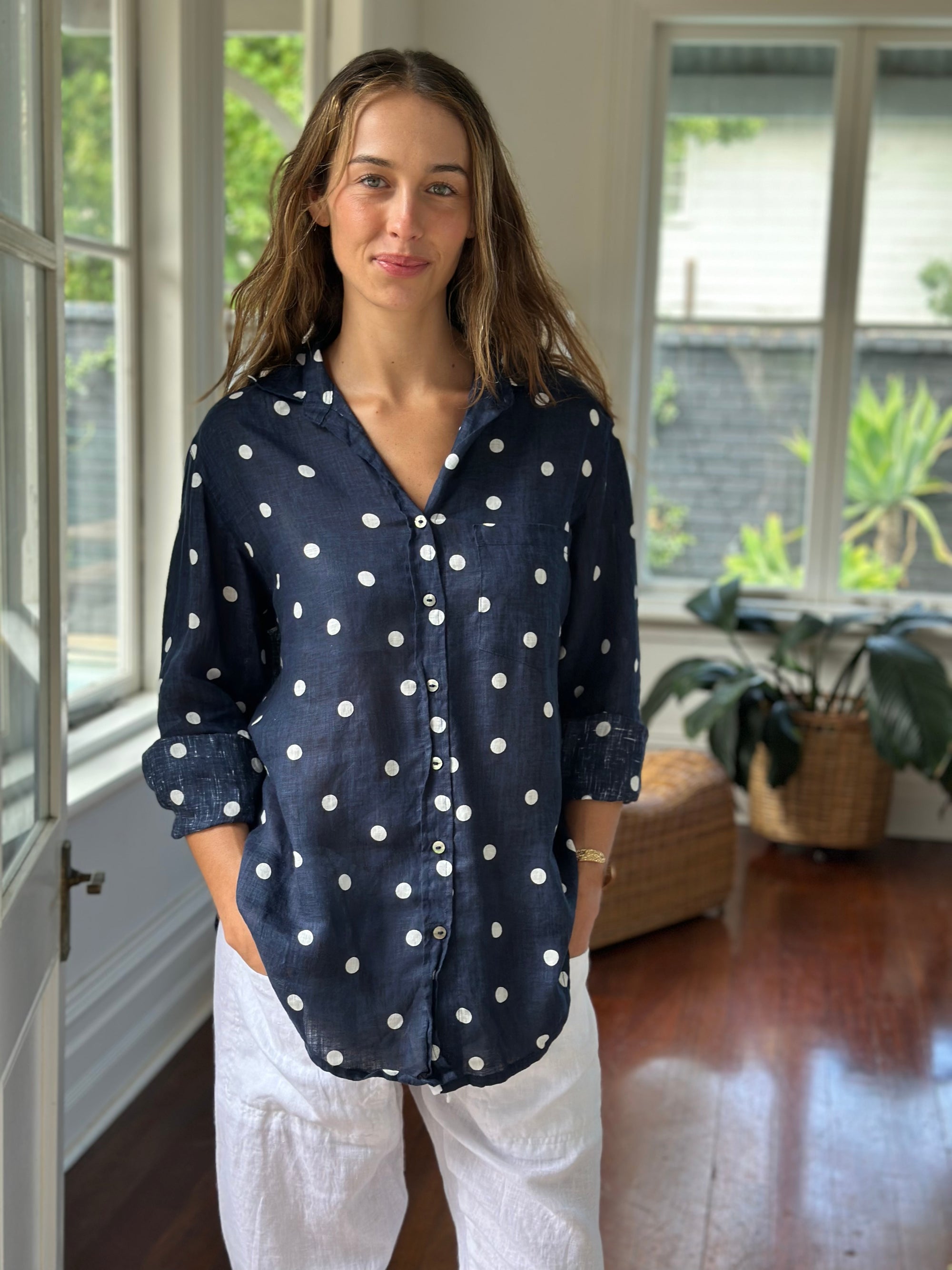 erika shirt - navy spot linen Apparel