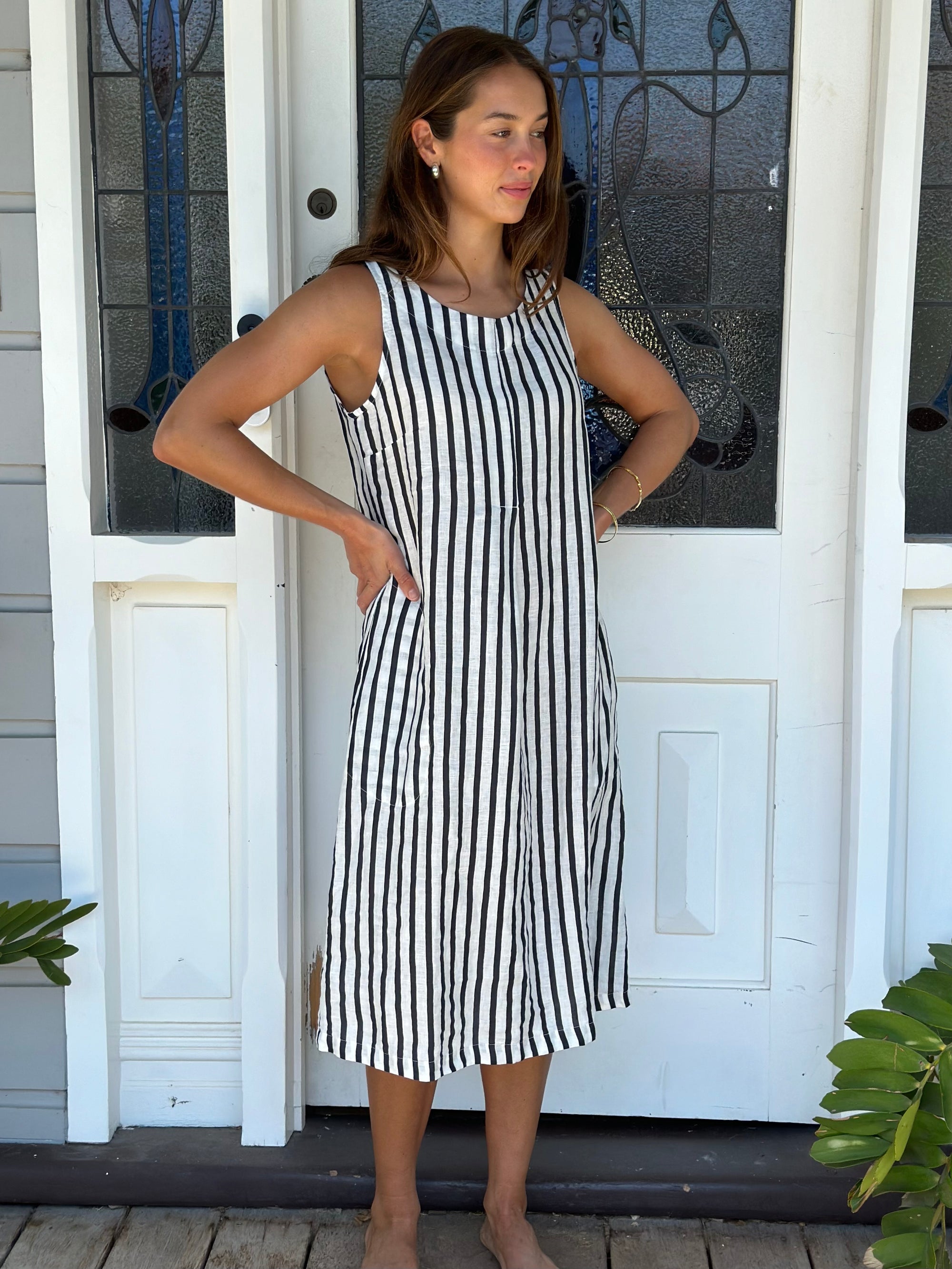becky dress - small charcoal stripe linen Apparel