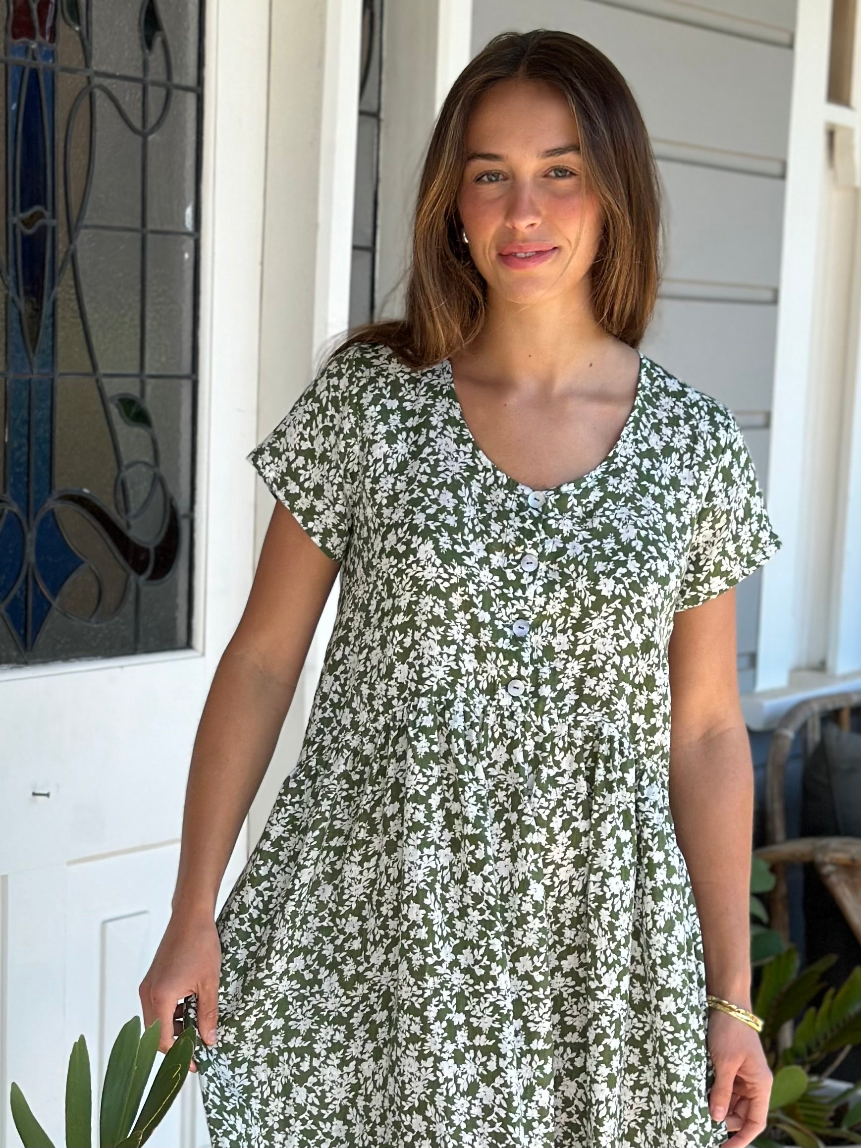 audrey dress - moss floral linen Apparel