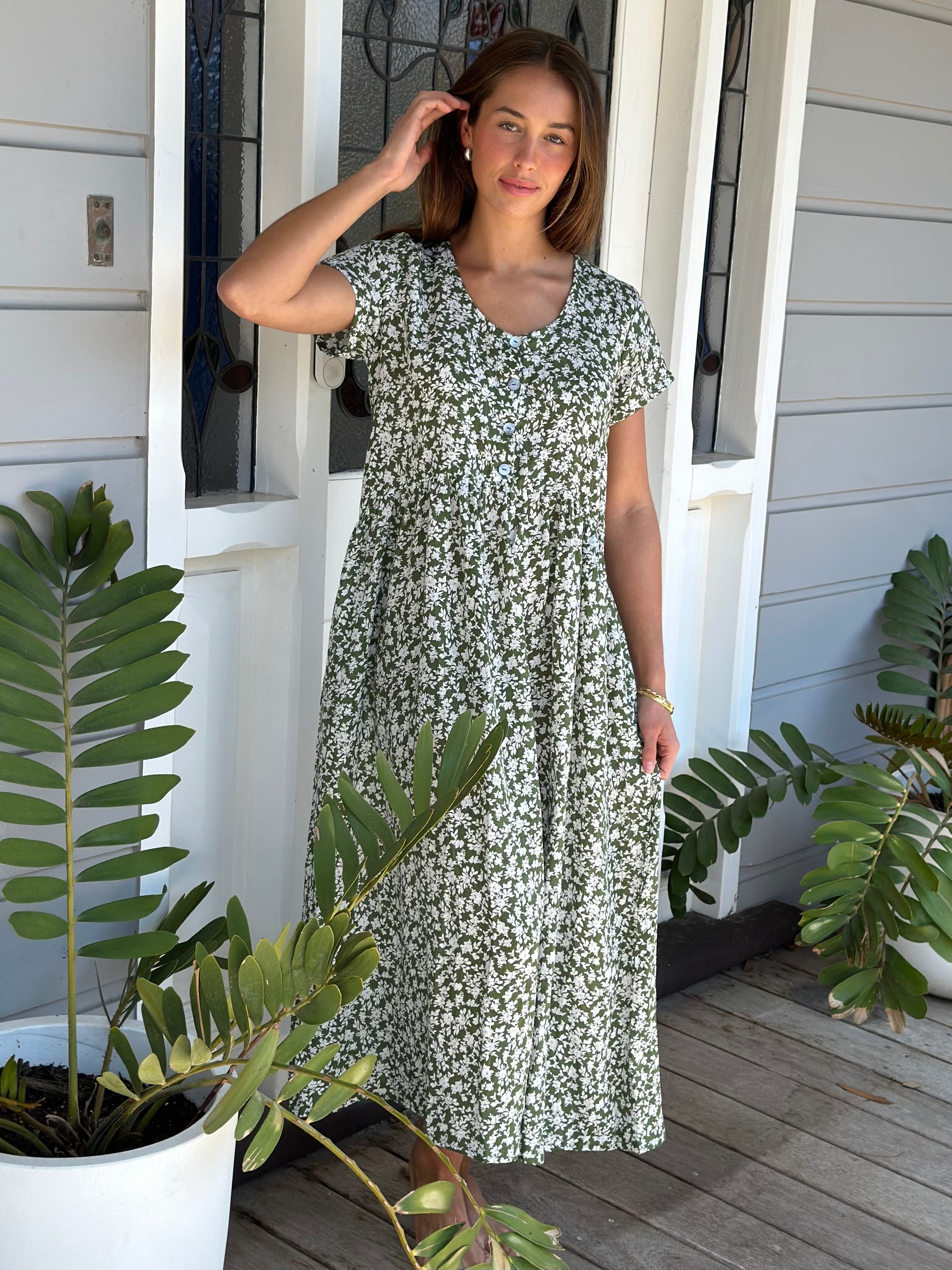 audrey dress - moss floral linen Apparel