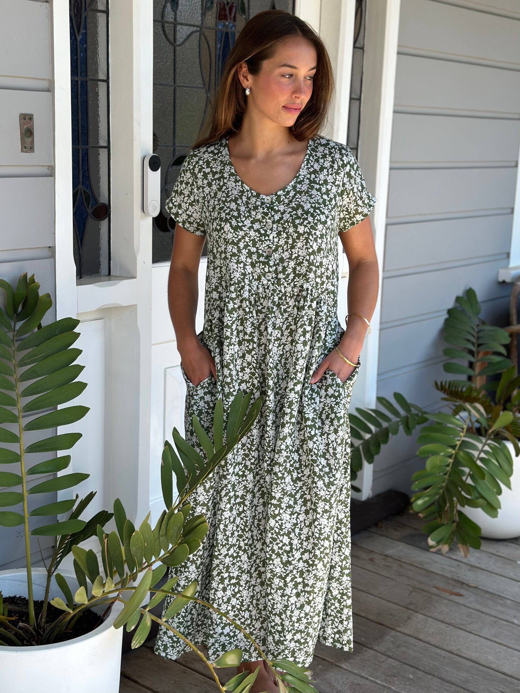 audrey dress - moss floral linen Apparel