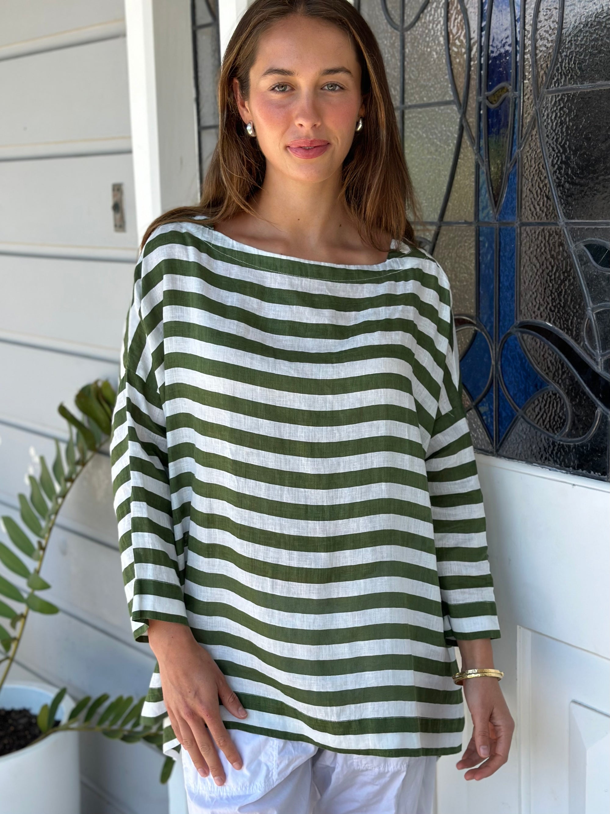 avril top - moss stripe linen Apparel