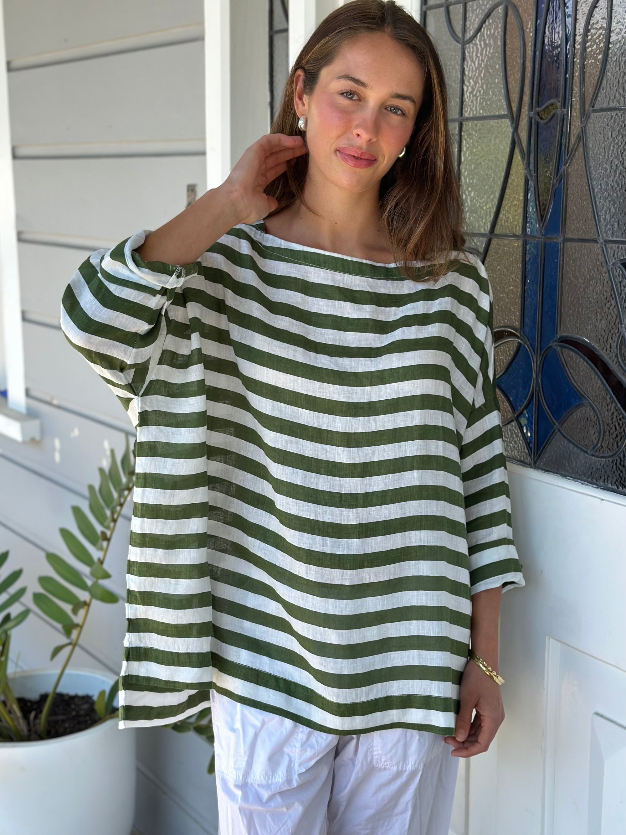 avril top - moss stripe linen Apparel