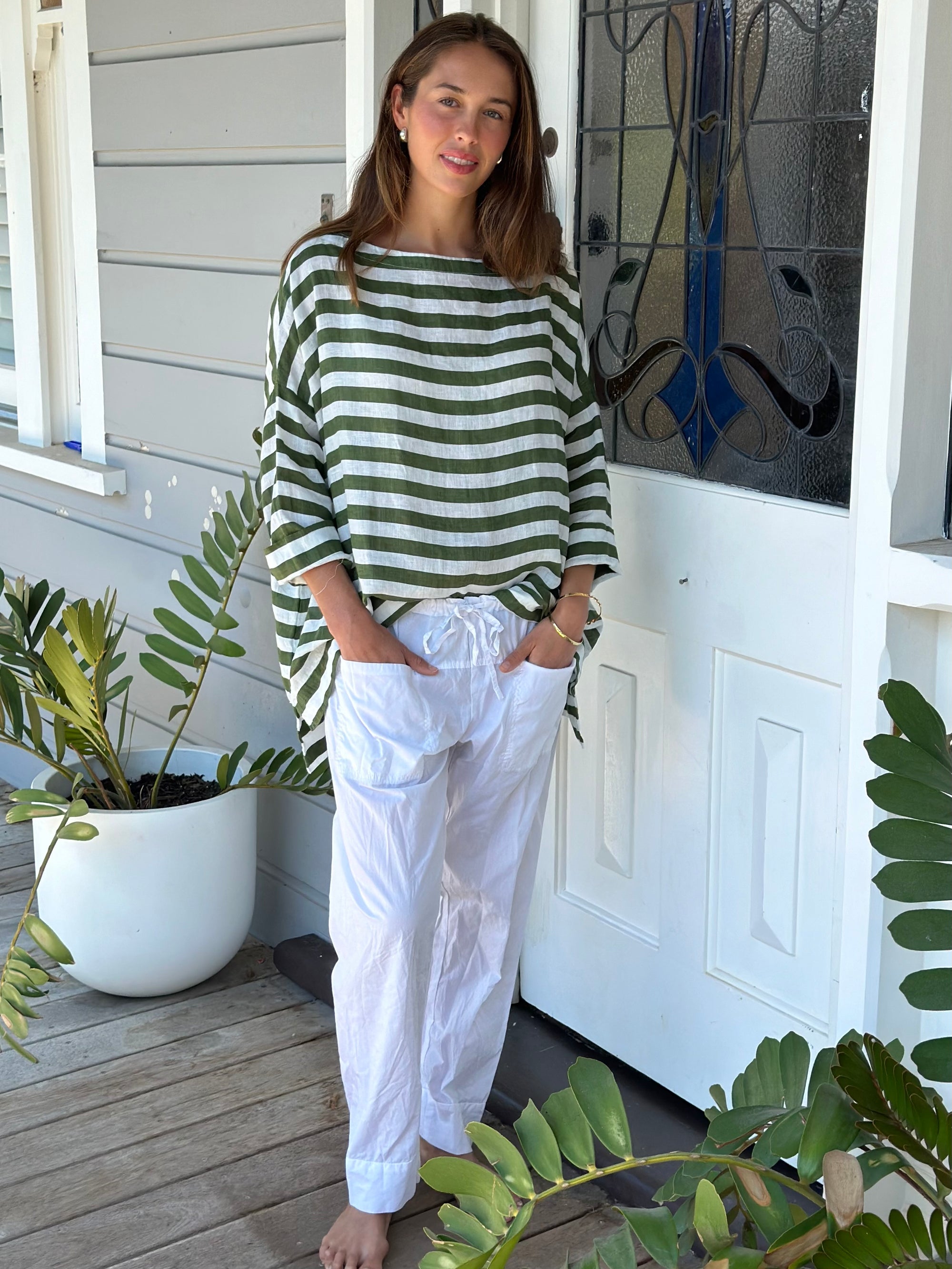 avril top - moss stripe linen Apparel