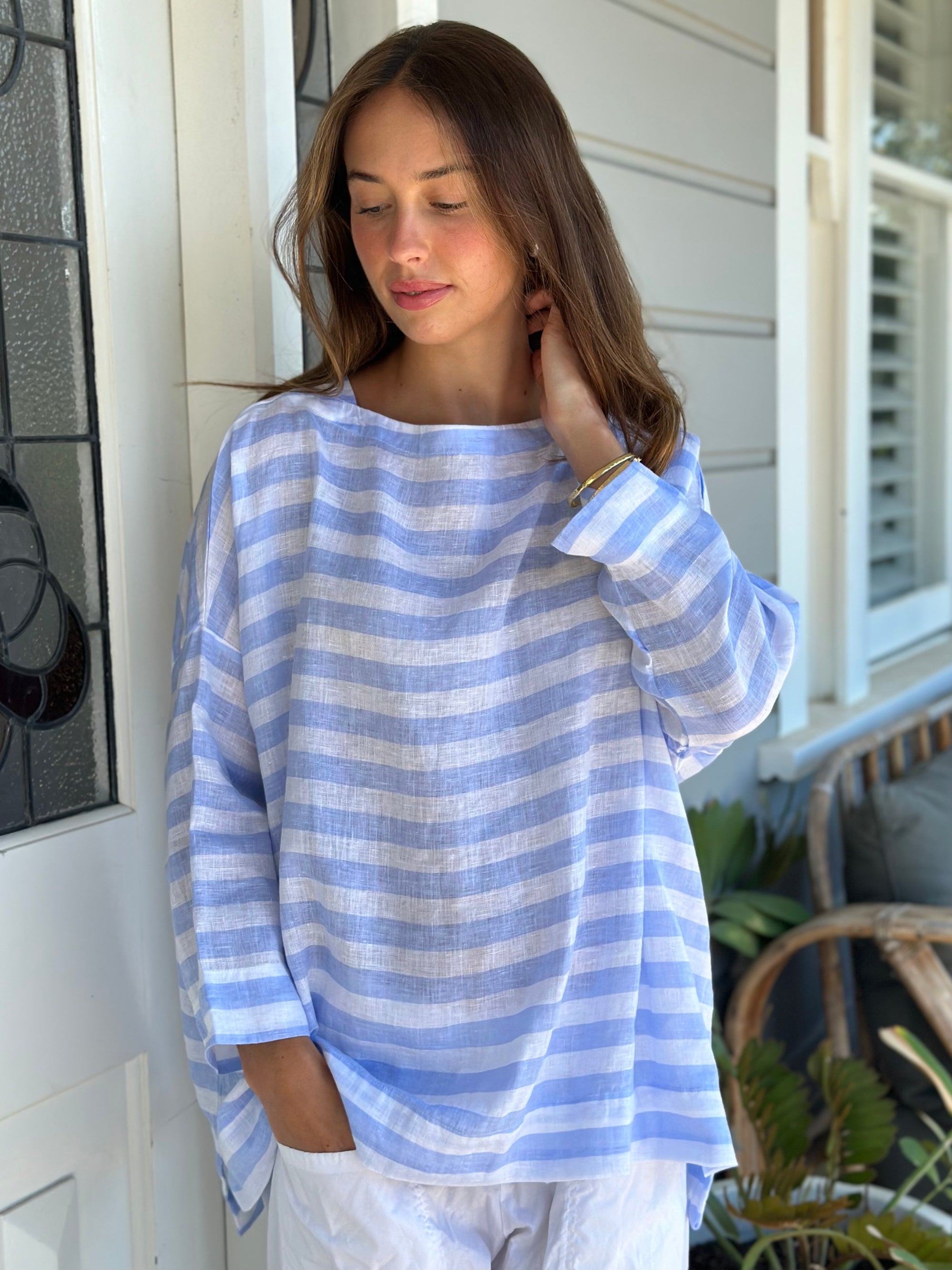 avril top - soft blue stripe linen Apparel