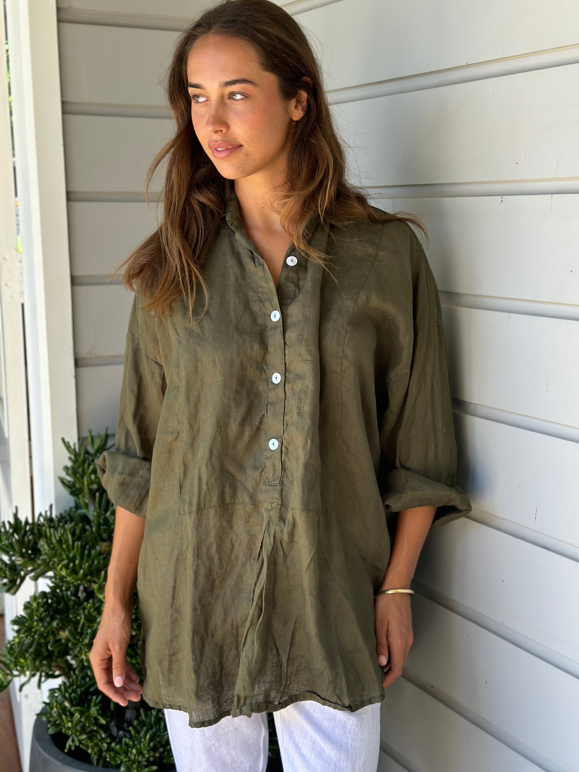 megan shirt - army linen Apparel