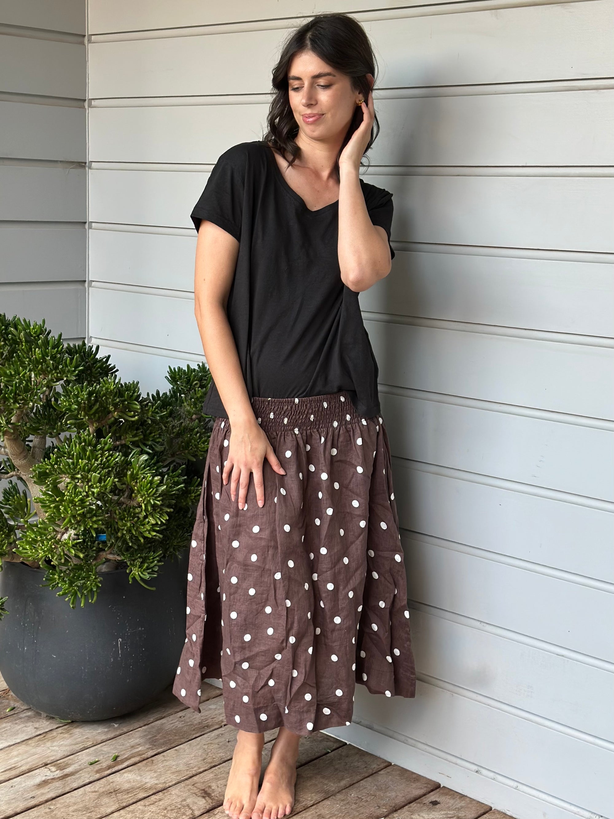lola skirt - chocolate spot linen Apparel