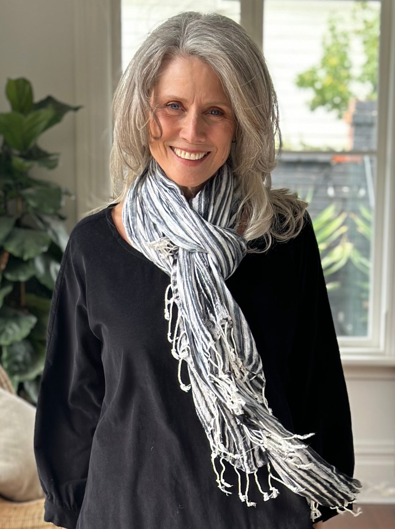 soft neck scarf-charcoal stripe Apparel