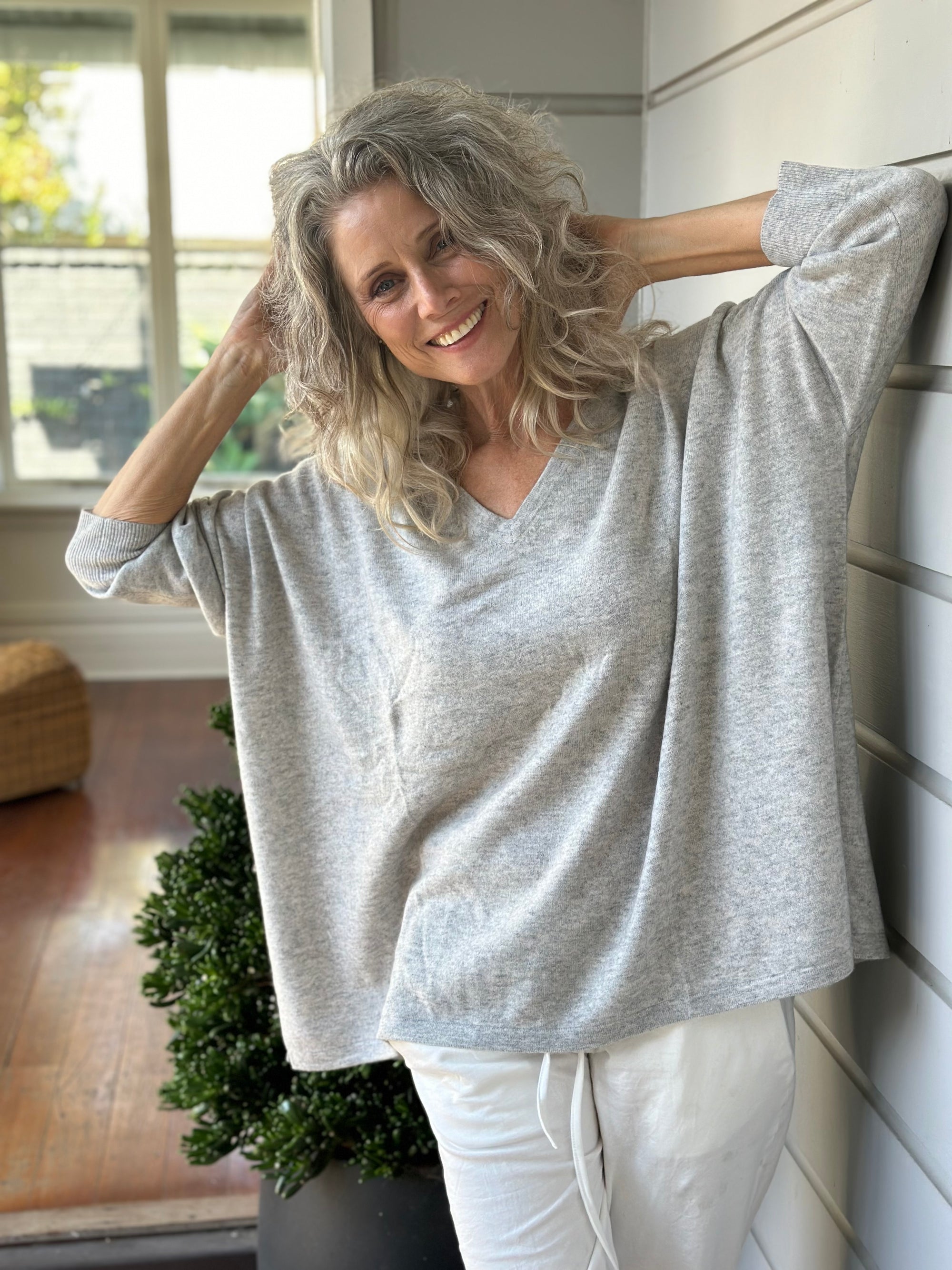 relaxed boyfriend knit -soft grey marle cashmere Apparel
