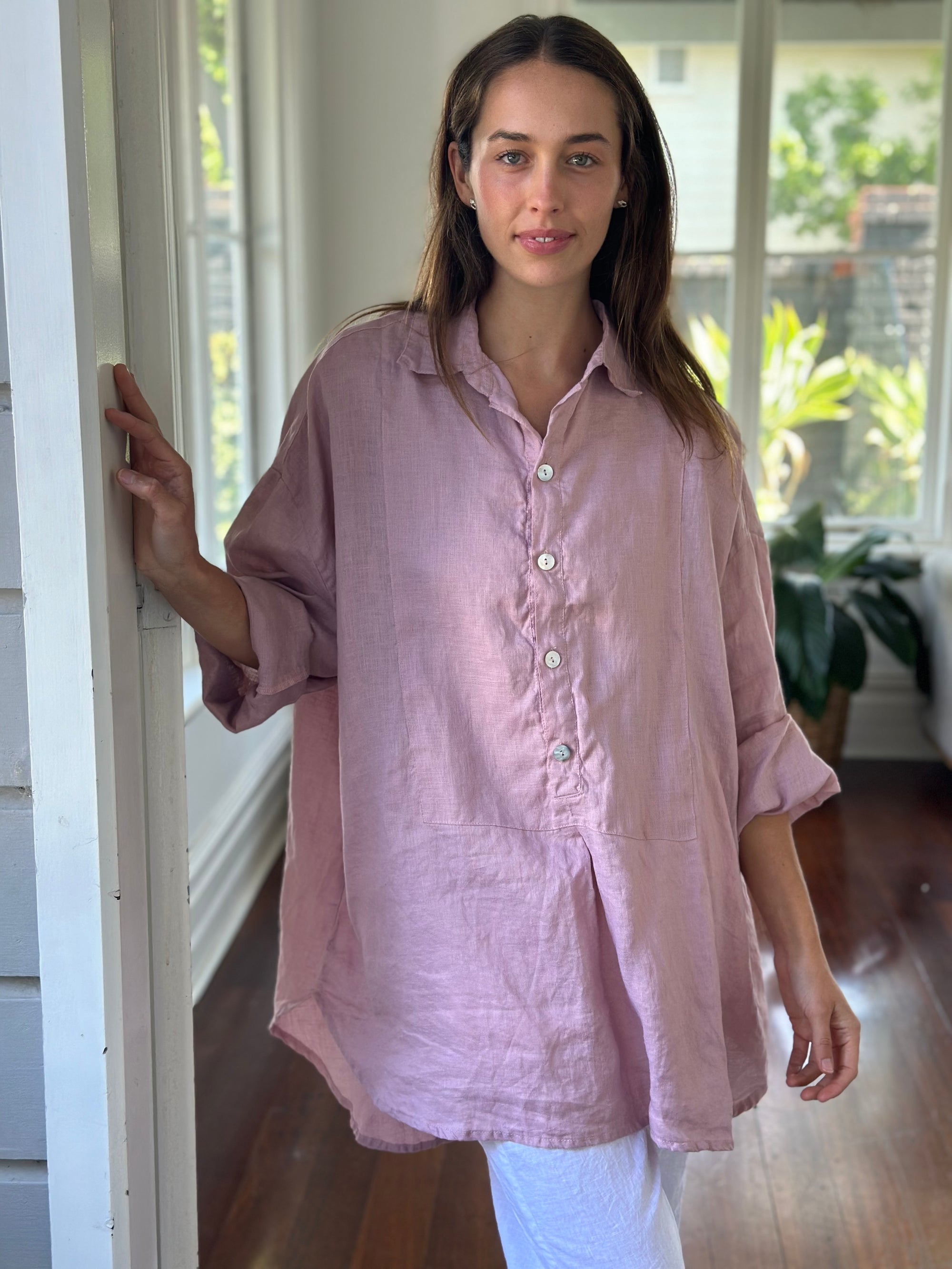 megan shirt - dusty rose linen Apparel