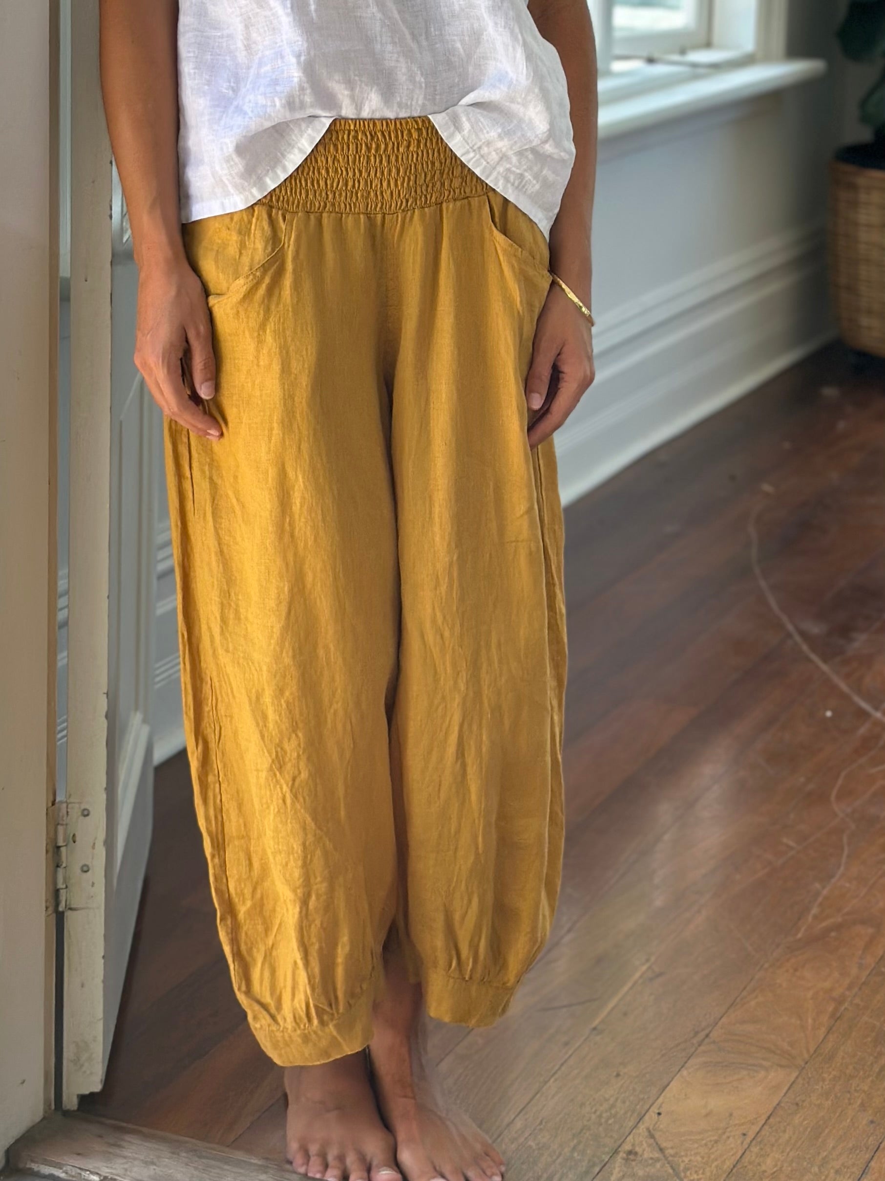 jackie pant-turmeric linen Apparel