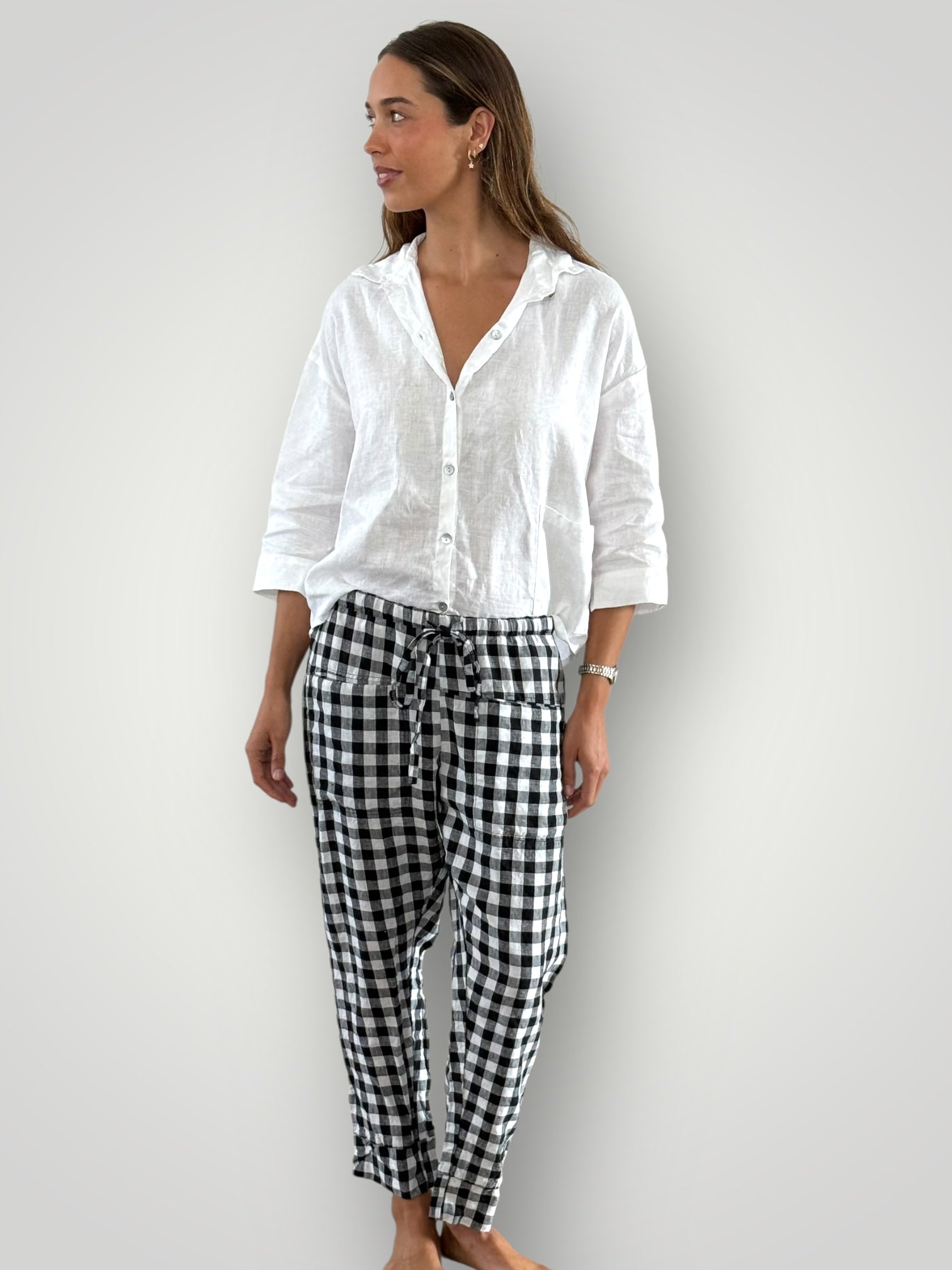darcy pants - black /white gingham check linen Apparel