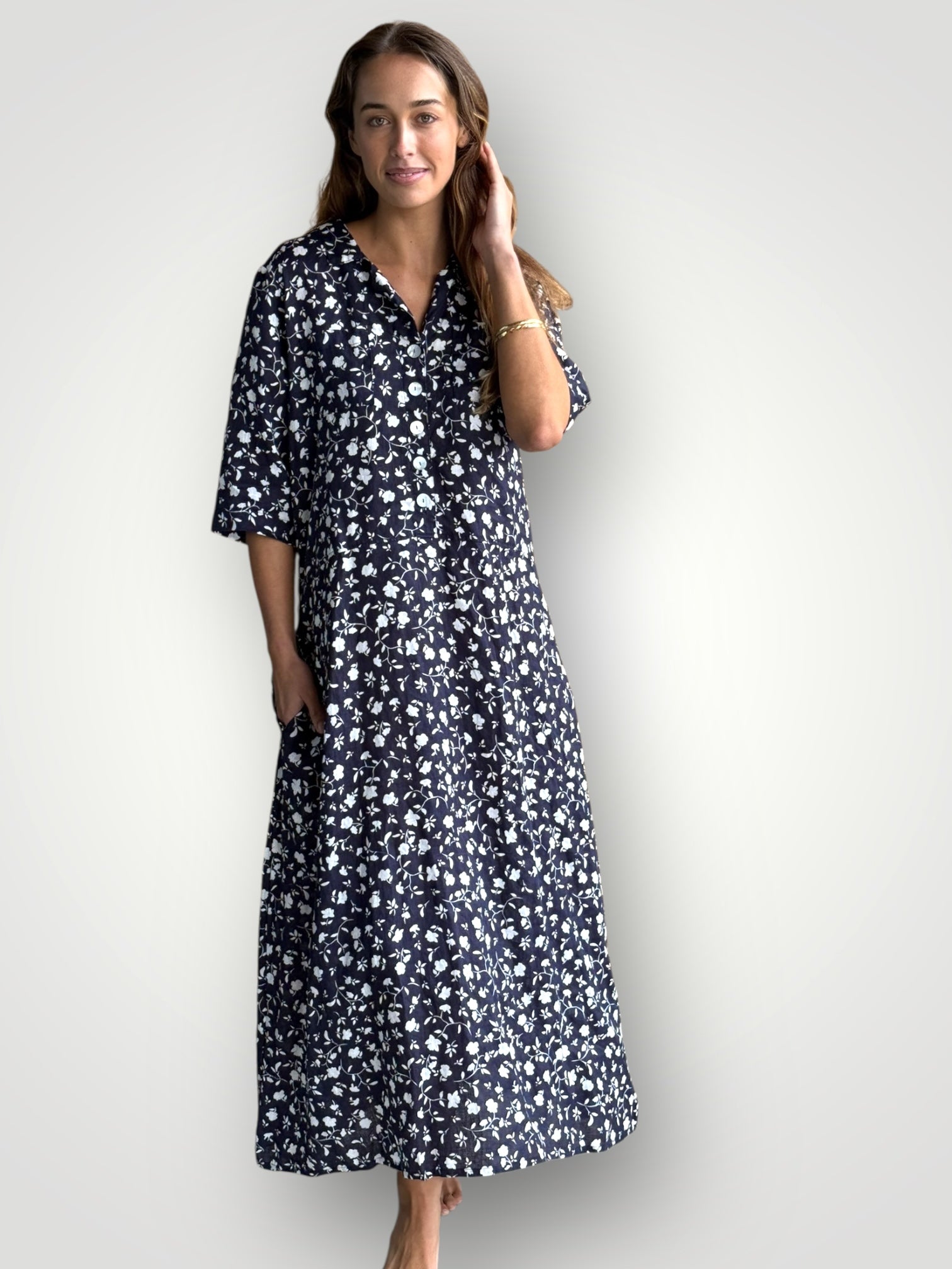 bridget dress - navy floral linen