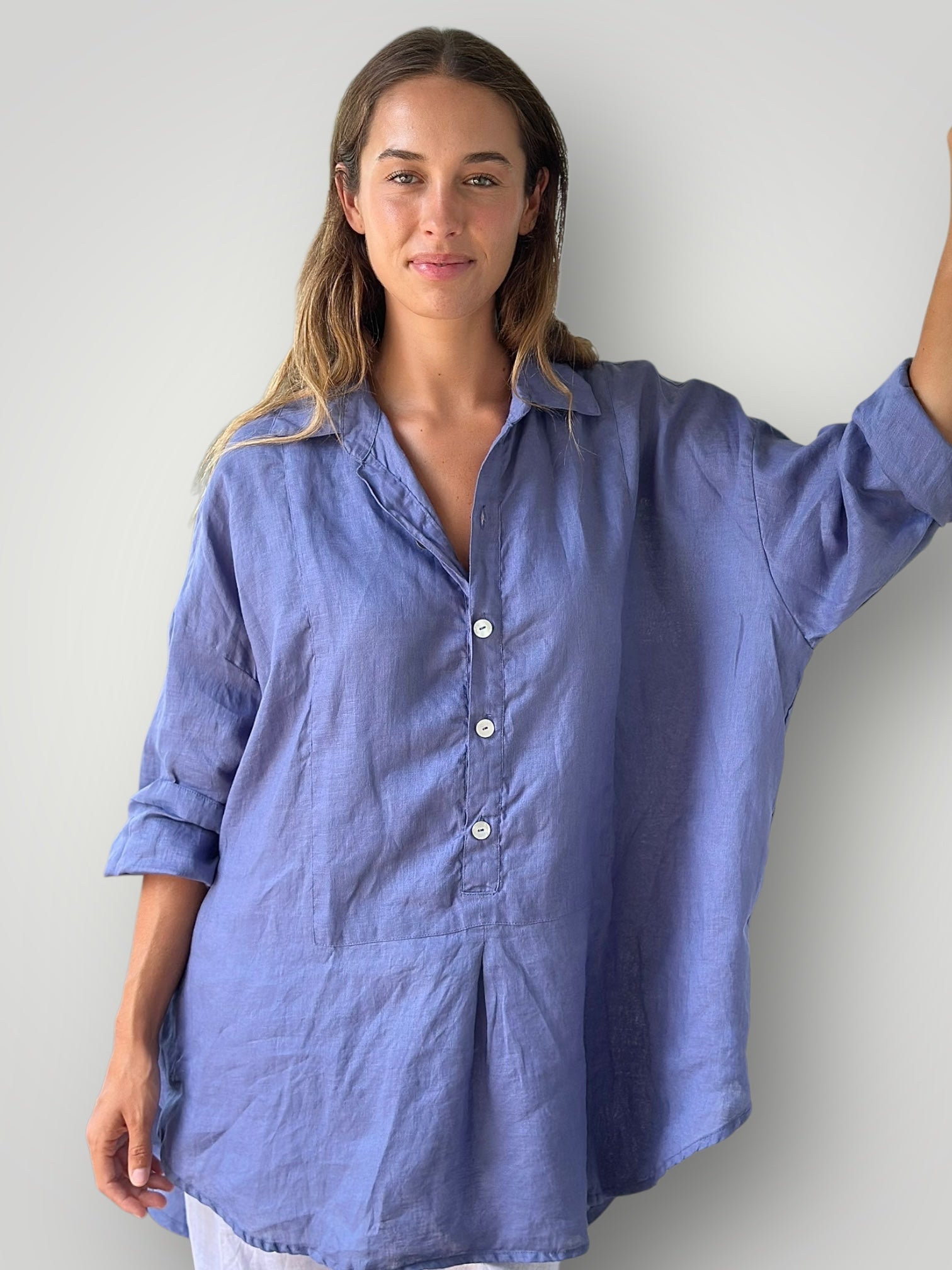 megan shirt - cornflower linen Apparel