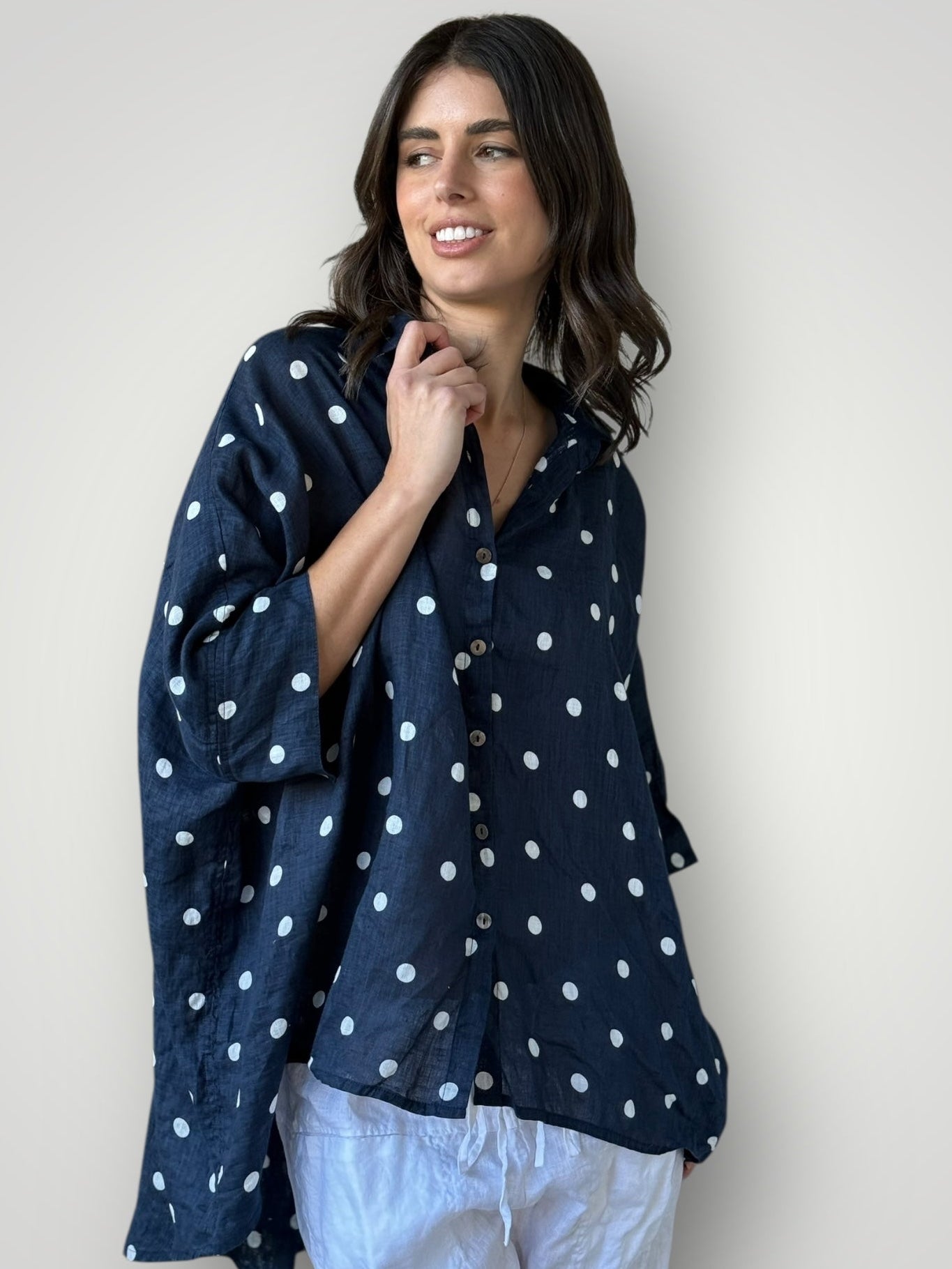 issey shirt - navy spot linen Apparel