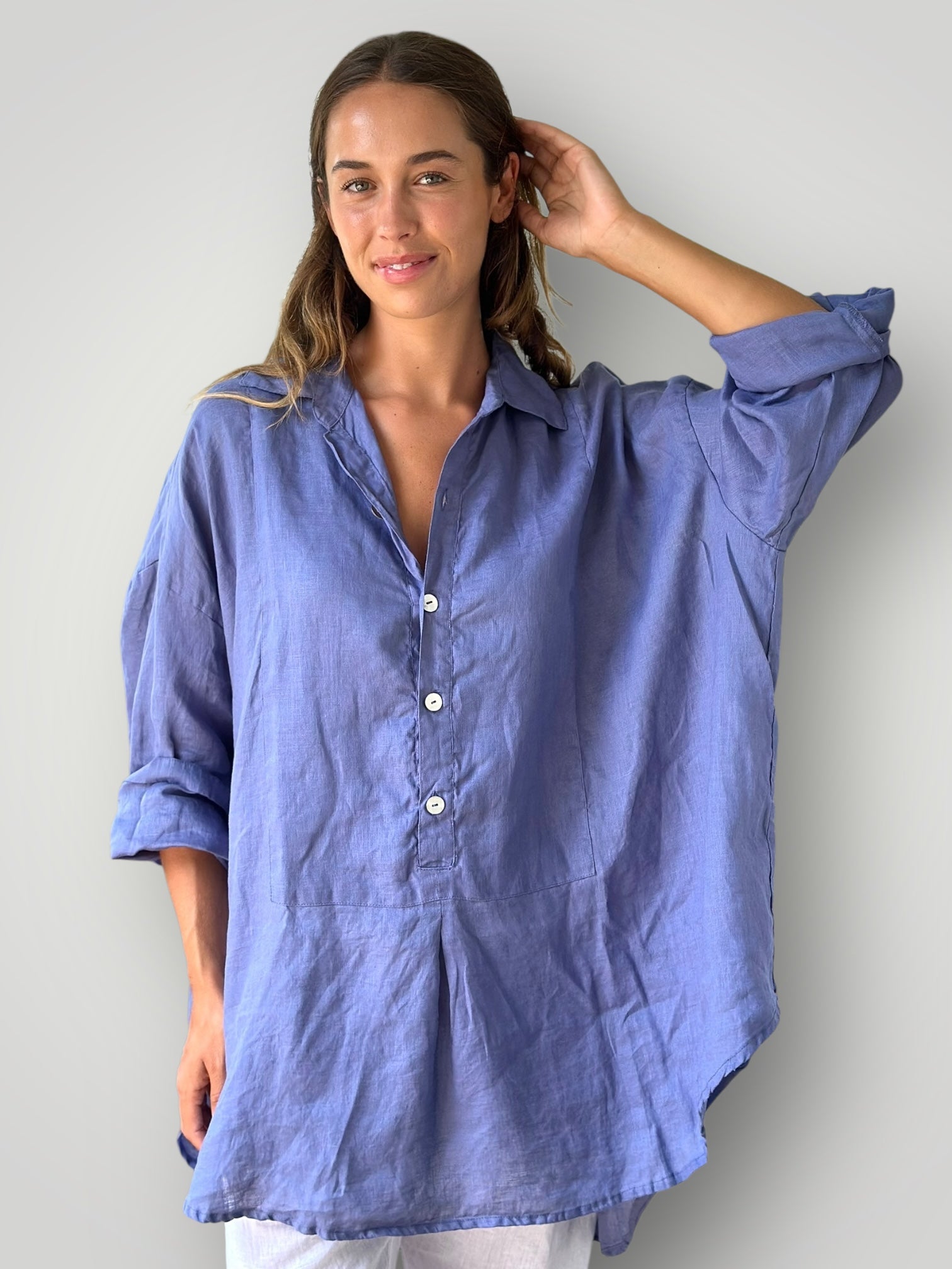 megan shirt - cornflower linen Apparel