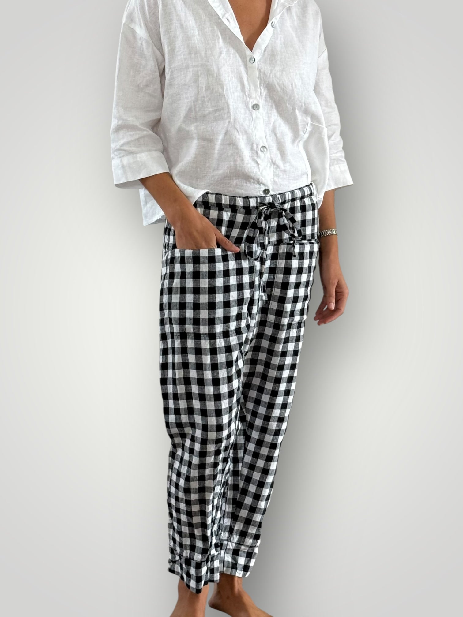 darcy pants - black /white gingham check linen Apparel