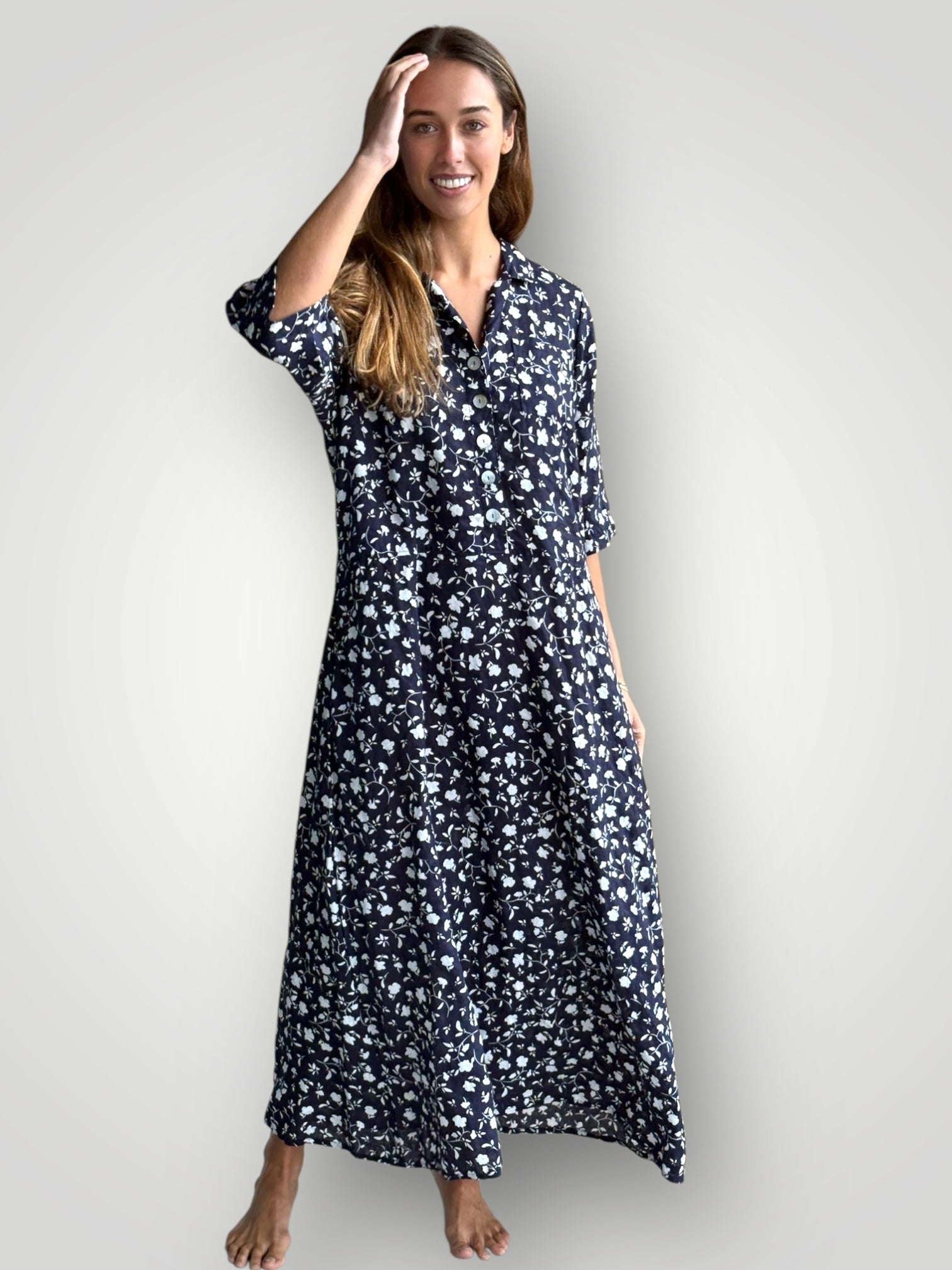 bridget dress - navy floral linen