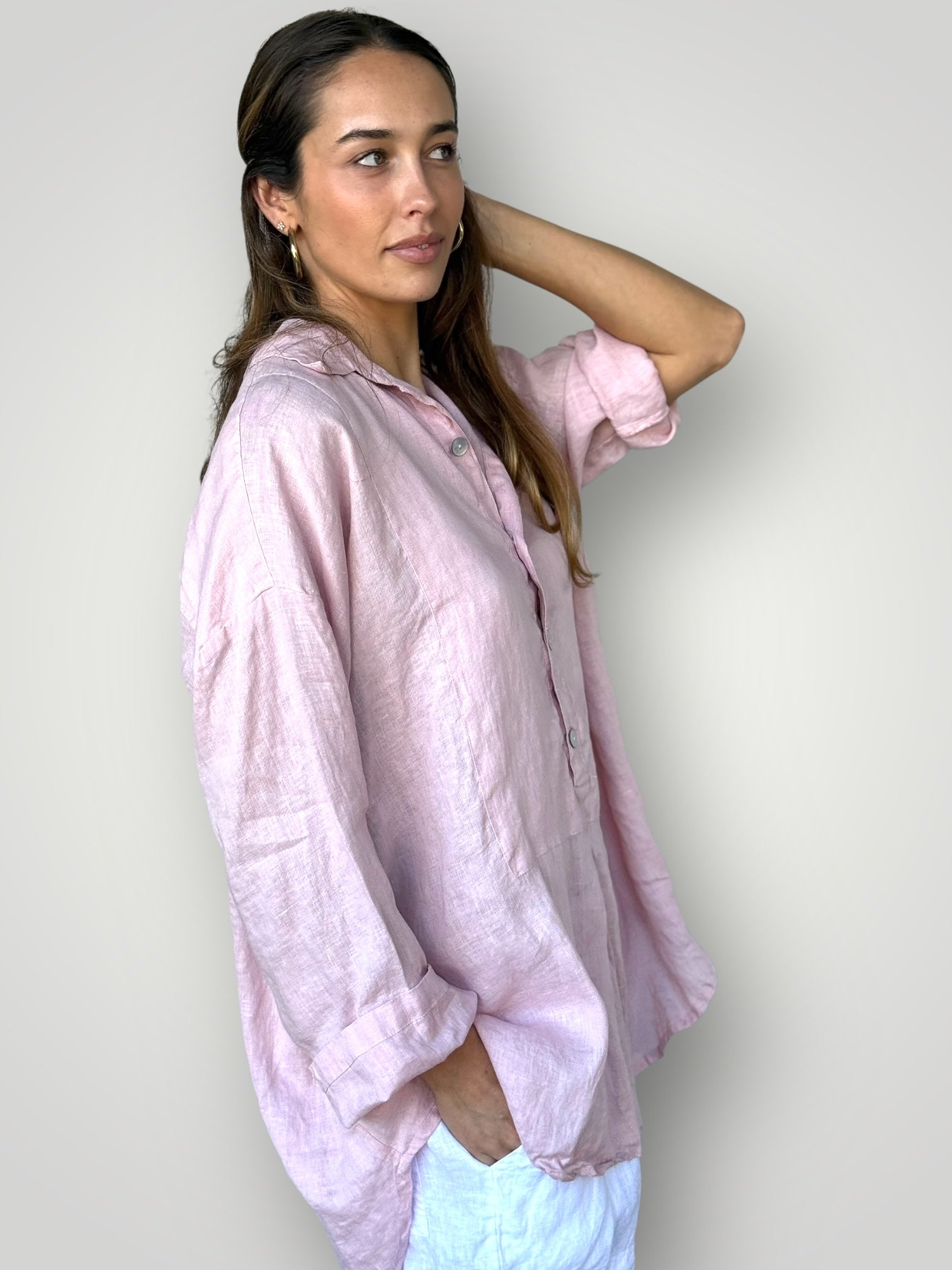 megan shirt - peony pink linen Apparel